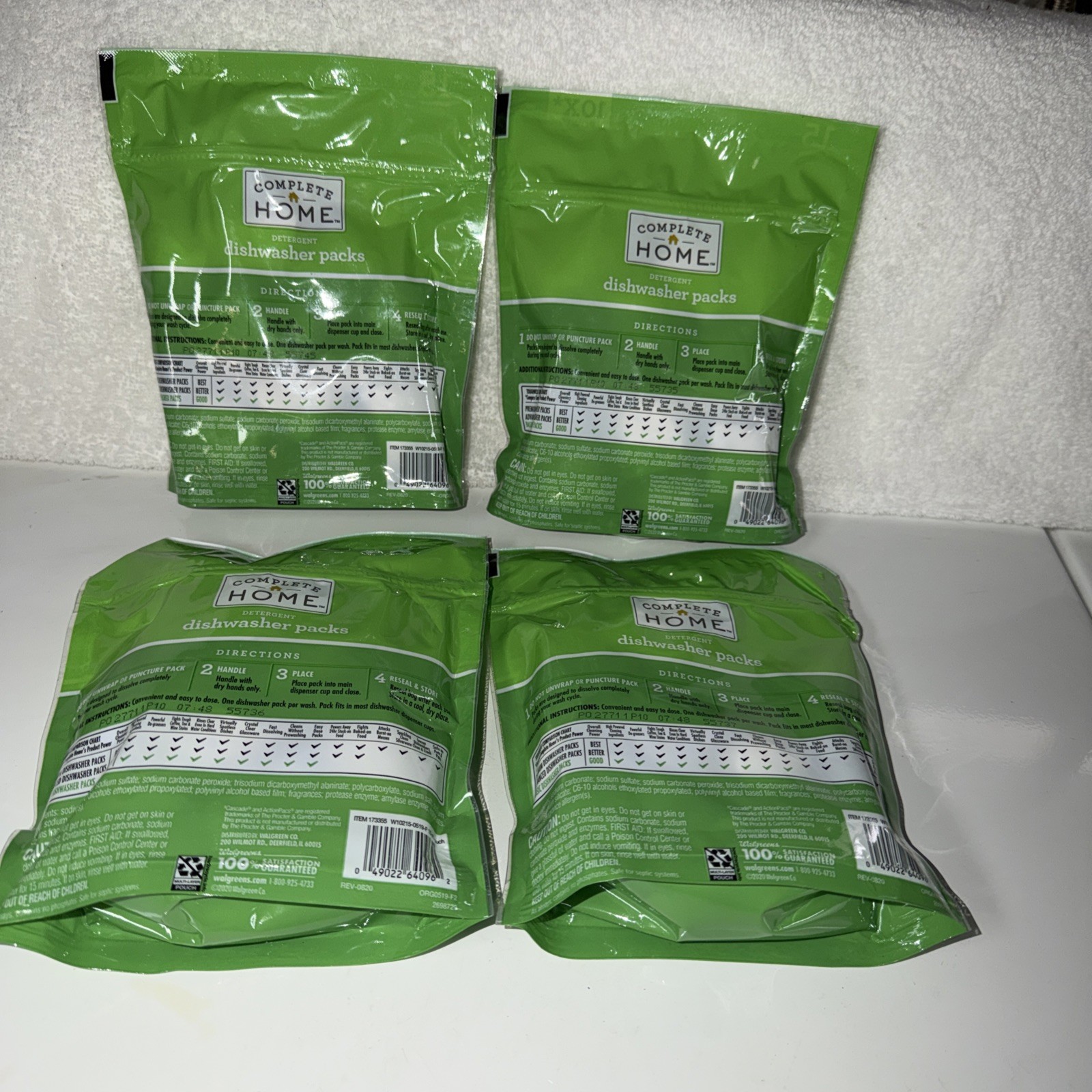 COMPLETE HOME DETERGENT DISHWASHER PACKS BASIC 15 PIECES -LOT OF 4 BAGS -NISP