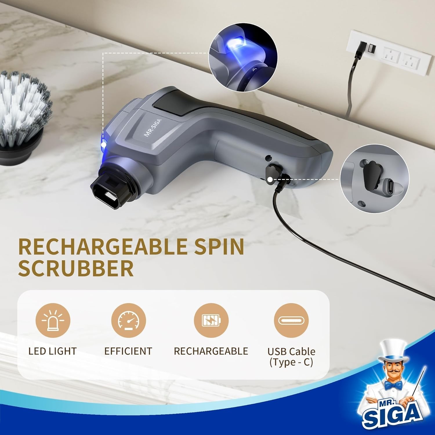 MR.SIGA Electric Spin Scrubber for Kitchen and Bathroom Cleaning Waterproof