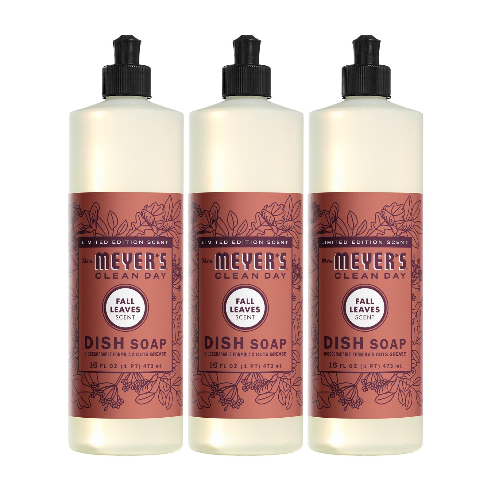 Mrs. MEYERS CLEAN DAY Dish Soap, Fall Leaves Scent, 16 fl oz Pack of 3