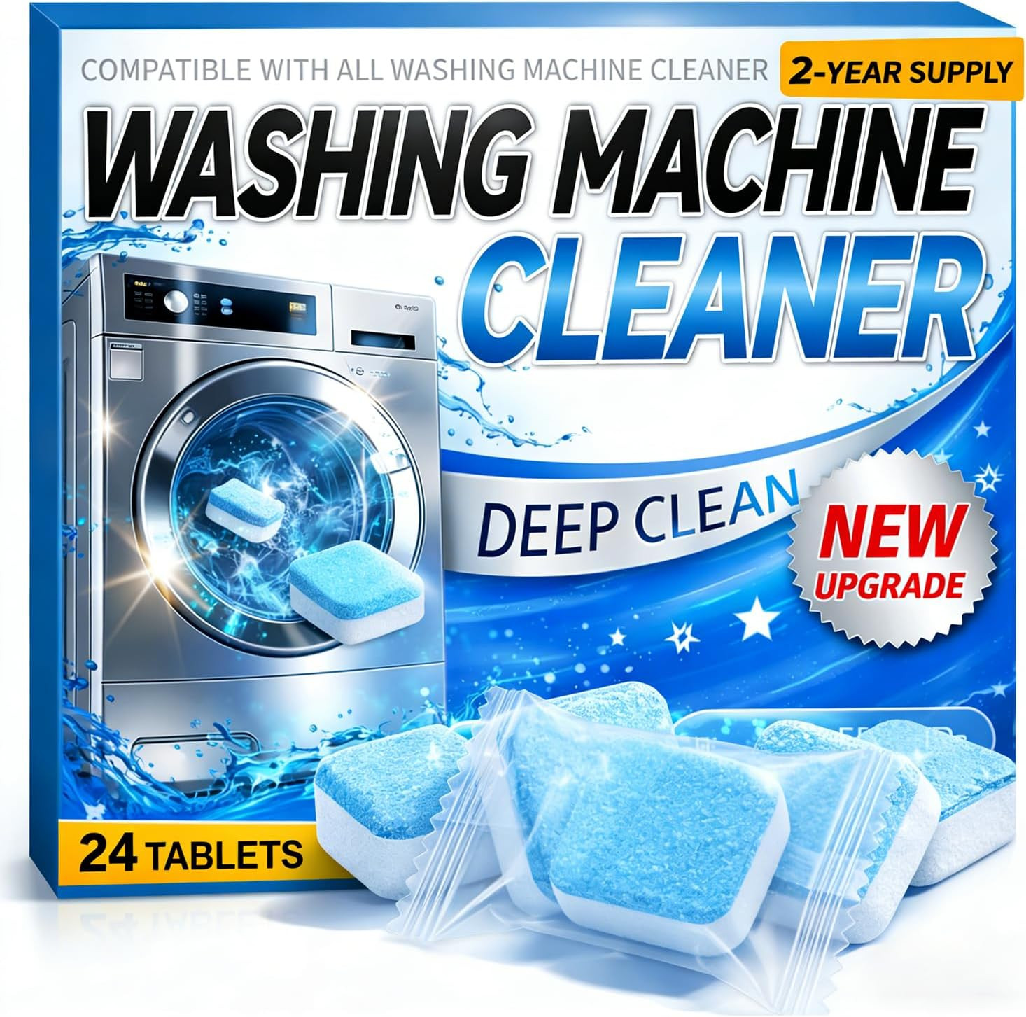 Washing Machine Cleaner Tablets 24 Pack HE Front Top Load Tub Descaler 2Yr