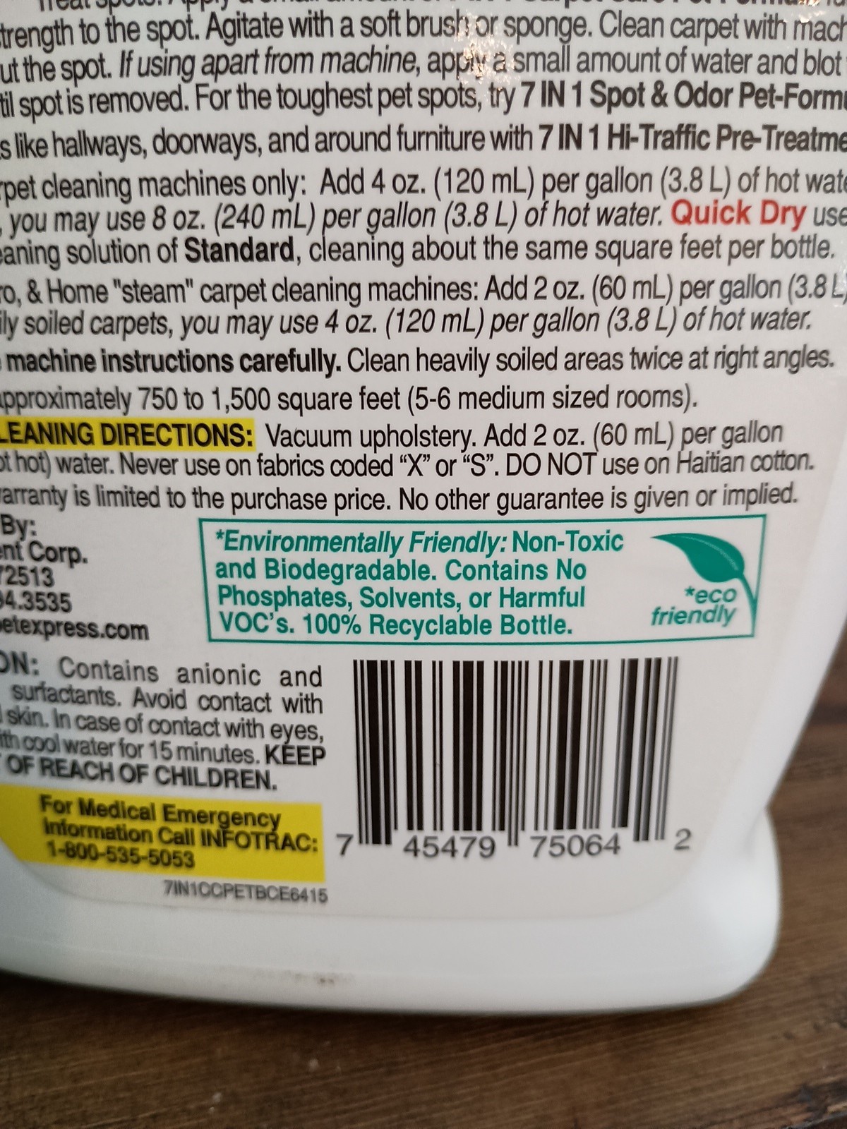 64 fl Oz. 7in1 Carpet Cleaner Pet Formula Eco Friendly Bissell Hoover Eureka