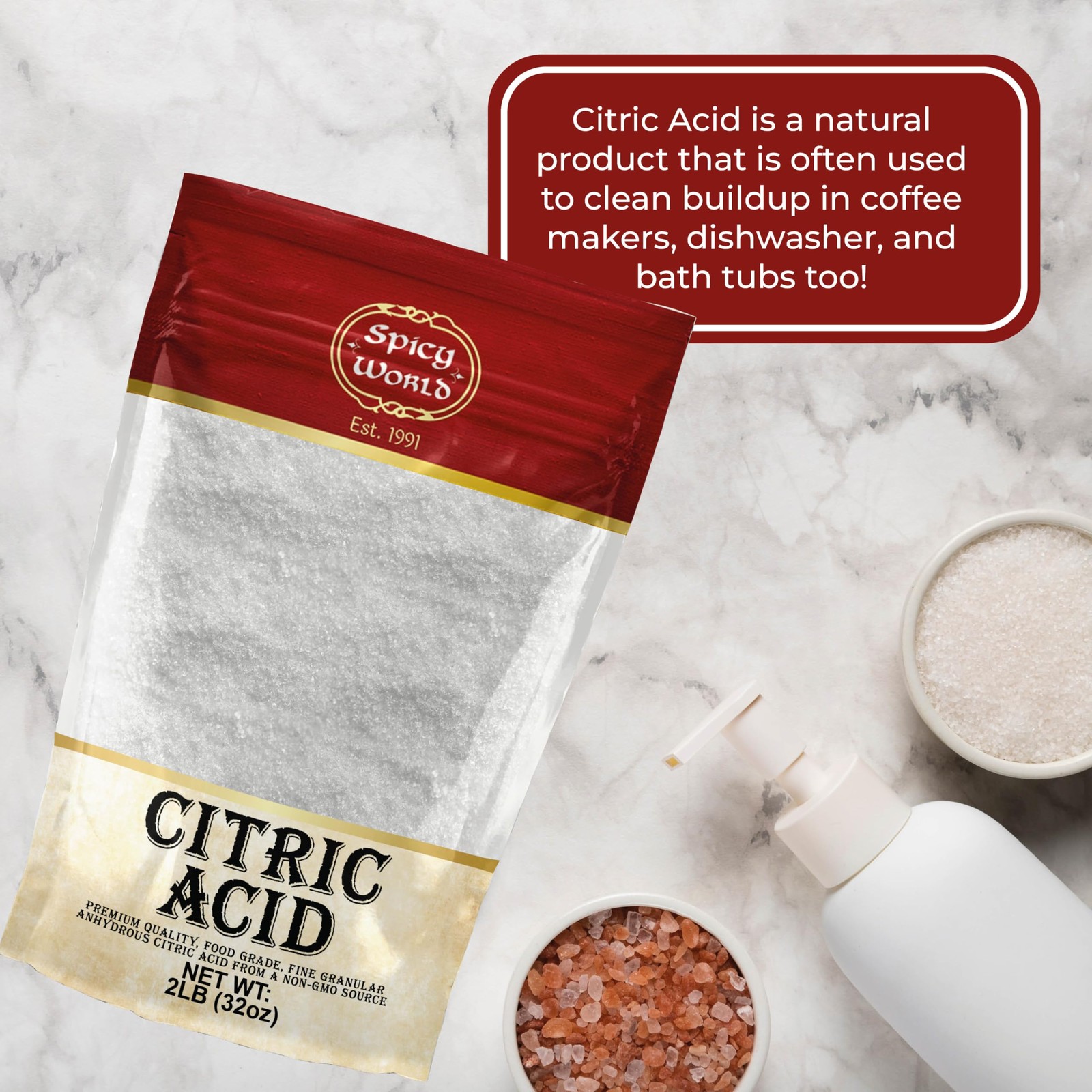 Pure Citric Acid Powder 2 LB – Food Grade, Non-GMO, Ideal for Cleaning Bath
