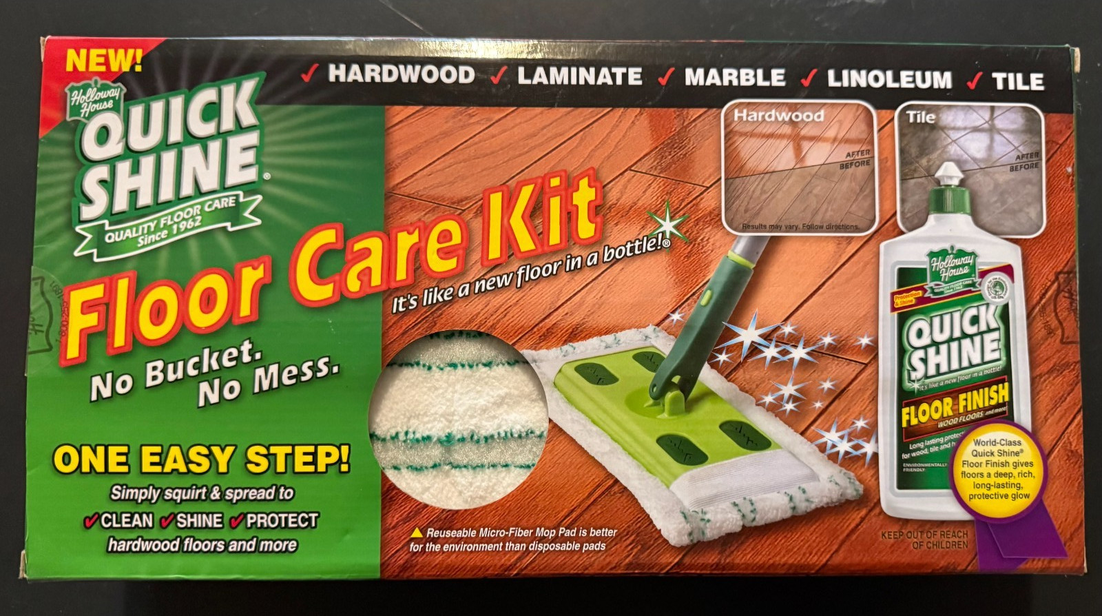 New NIB Holloway House Quick Shine Fiber Pad Mop Floor Care Kit Floor Cleaner
