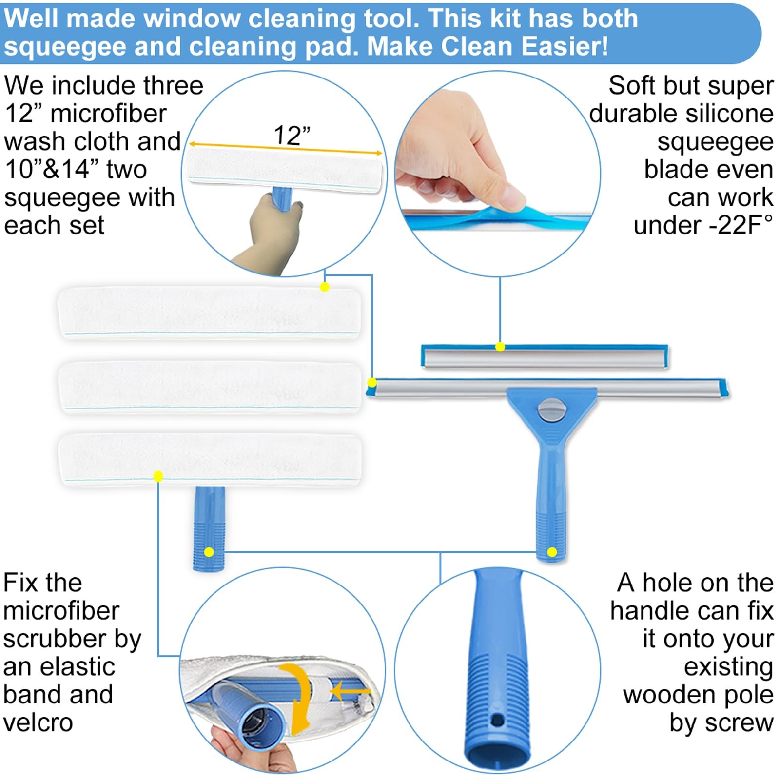 AMERWASH PLUS Window Squeegee Washing Kit for Shower Glass Door, Mirror and W…