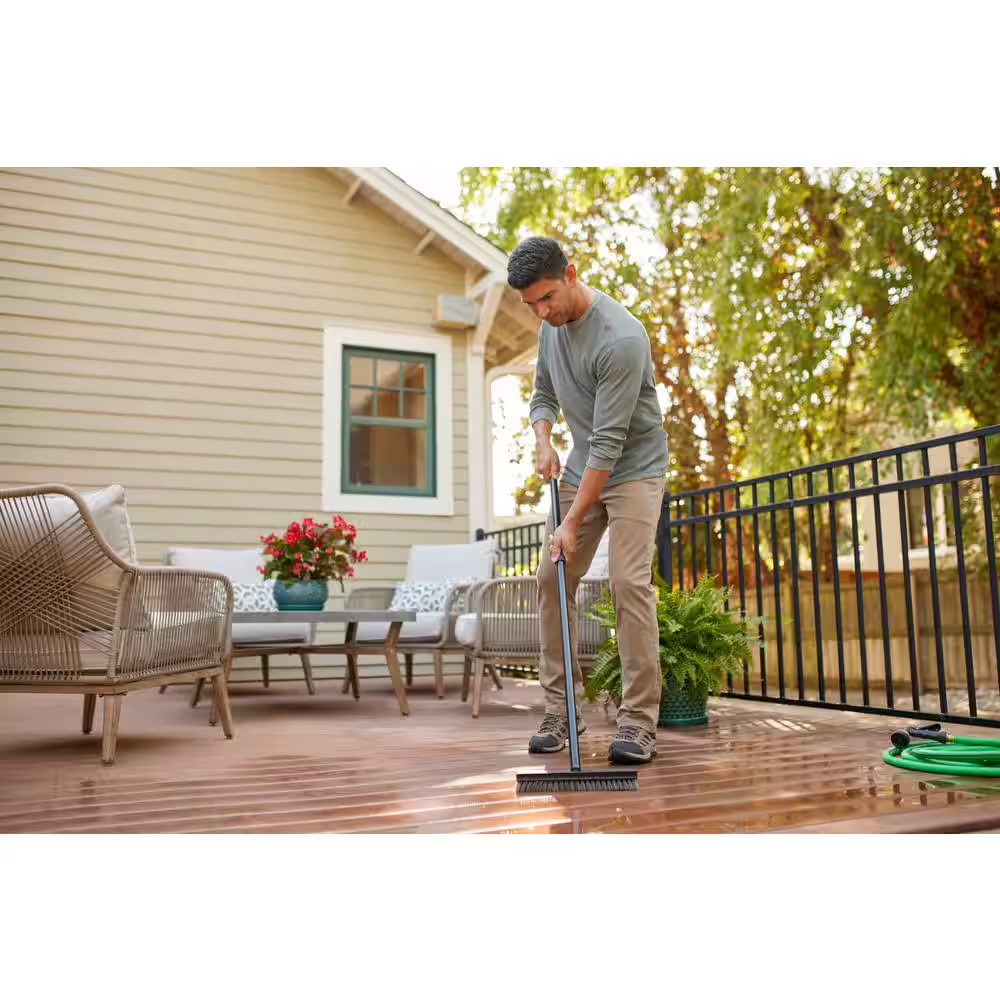 HDX 12 in. Plastic Deck Scrub Brush with 50 in. Steel Handle Stiff Bristles 1Pk