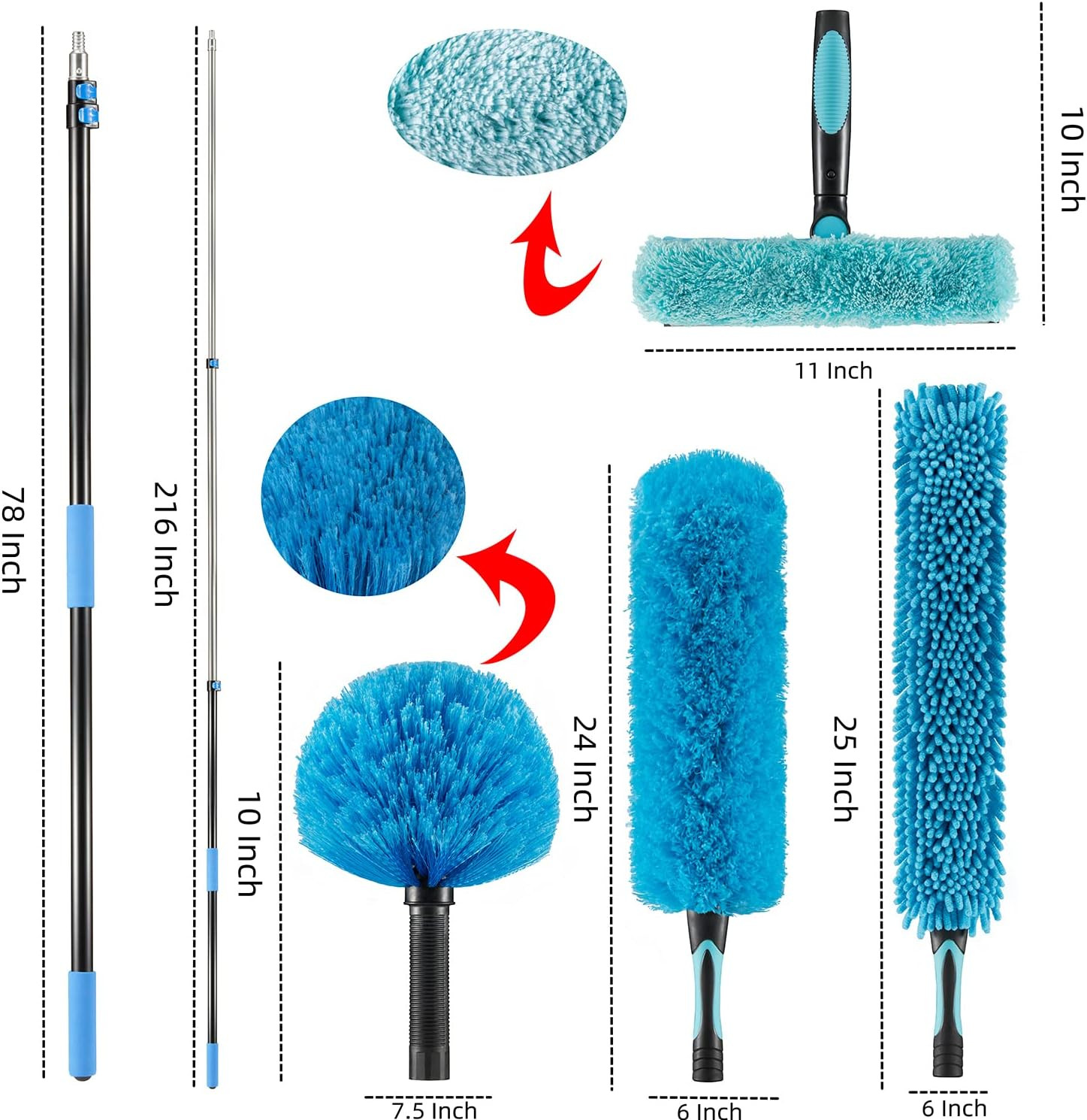 30ft High Ceiling Fan Duster & Extendable Cleaning Kit with Squeegee – Blue