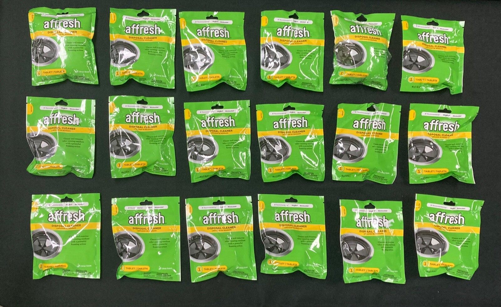 (LOT OF 18) W10921680 AFFRESH DISPOSAL CLEANER (1 TABLET PER BAG) CITRUS SCENT