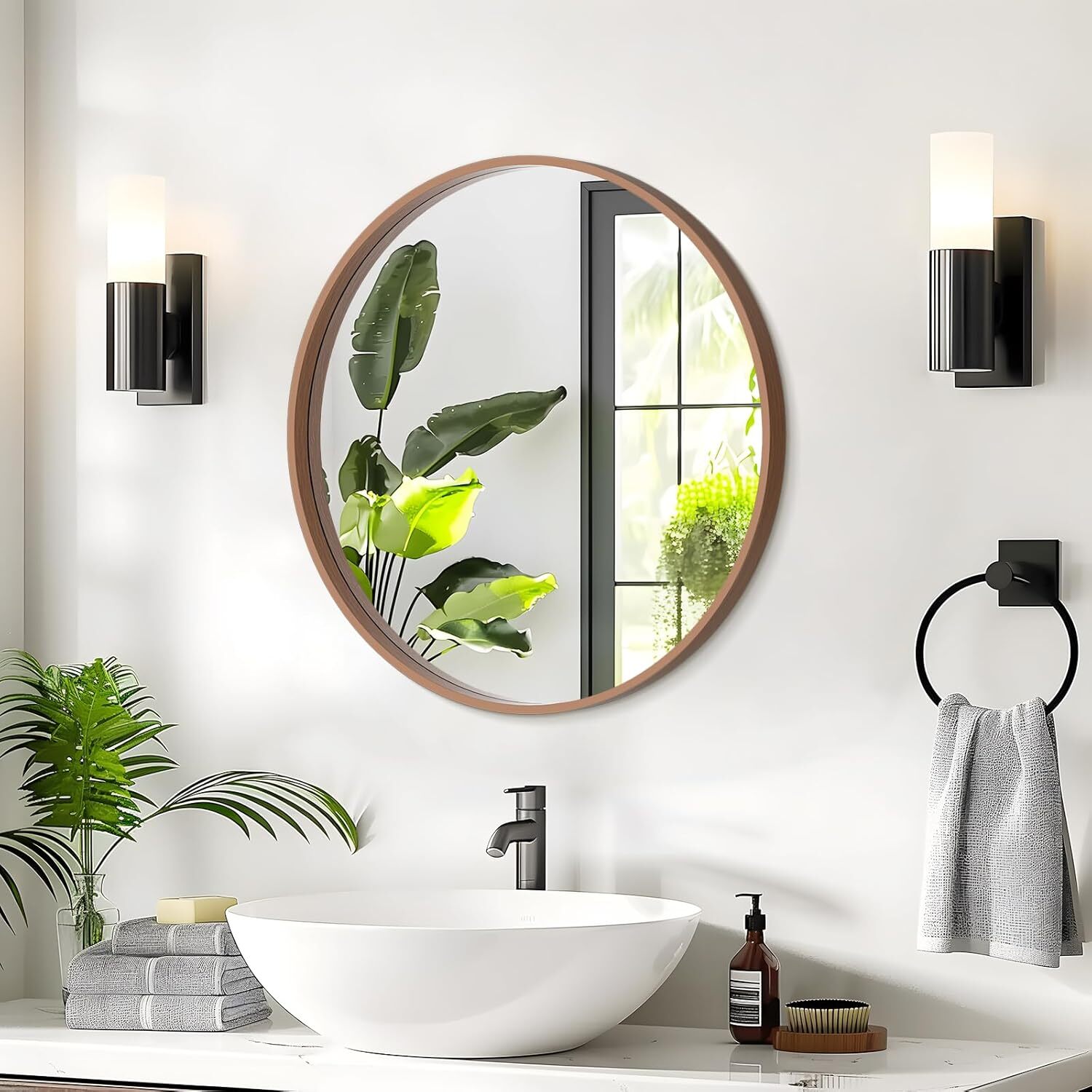 Round Mirror with Wood Frame 24-Inch Bathroom Round Wall Mirror, (Walnut)