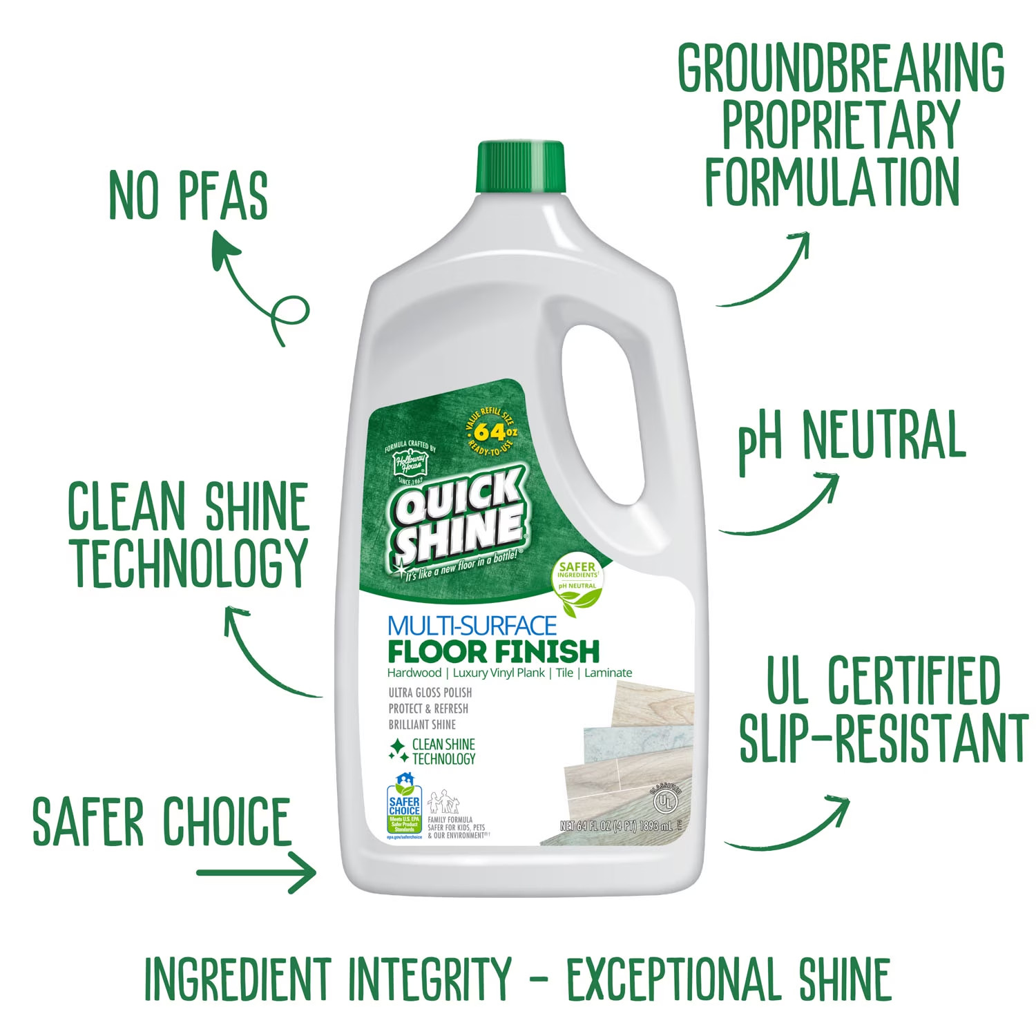 (2 Pack) Quick Shine Multi-Surface Floor Finish PFAS-Free Floor Polish 64 fl oz