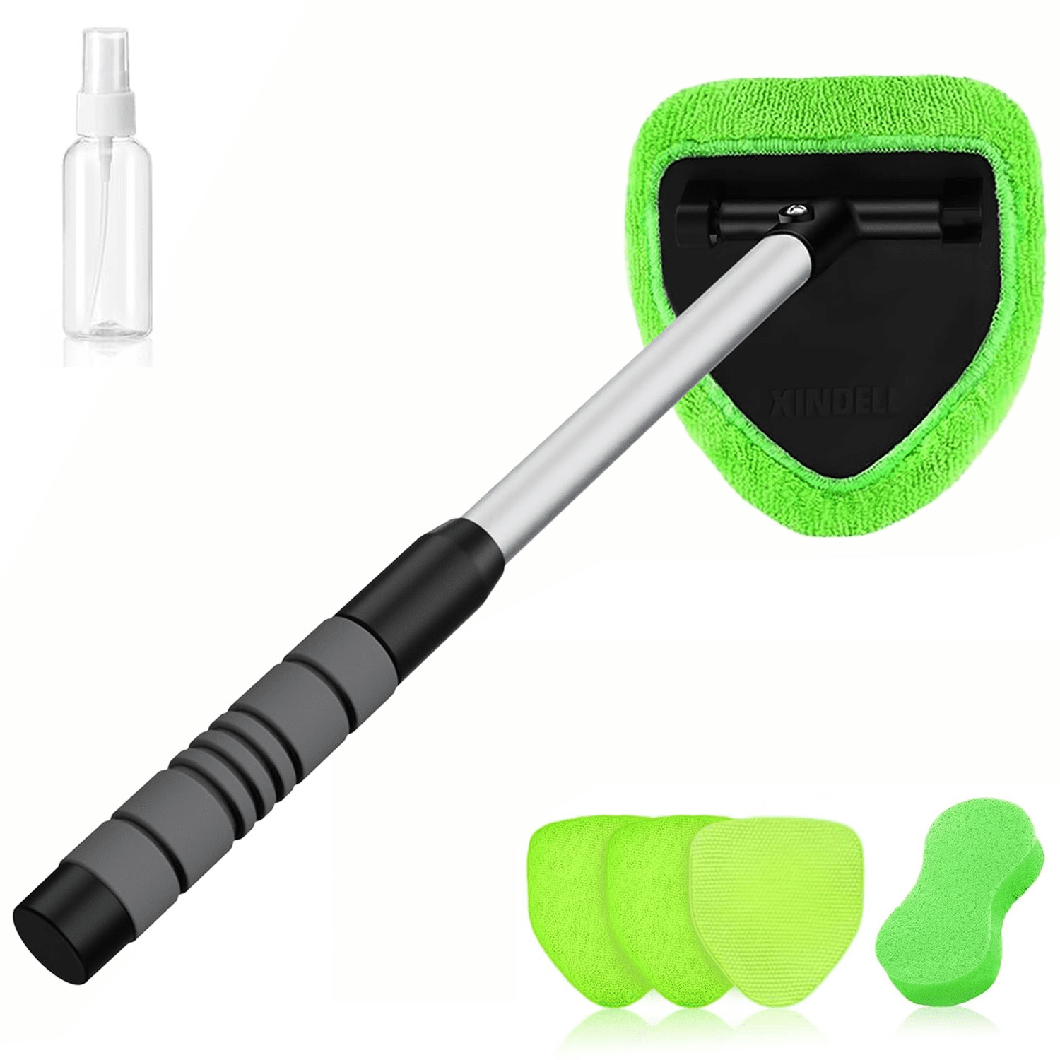 Portable Windshield Cleaner Tool with Extended Long Handle & 4 Microfiber Pads