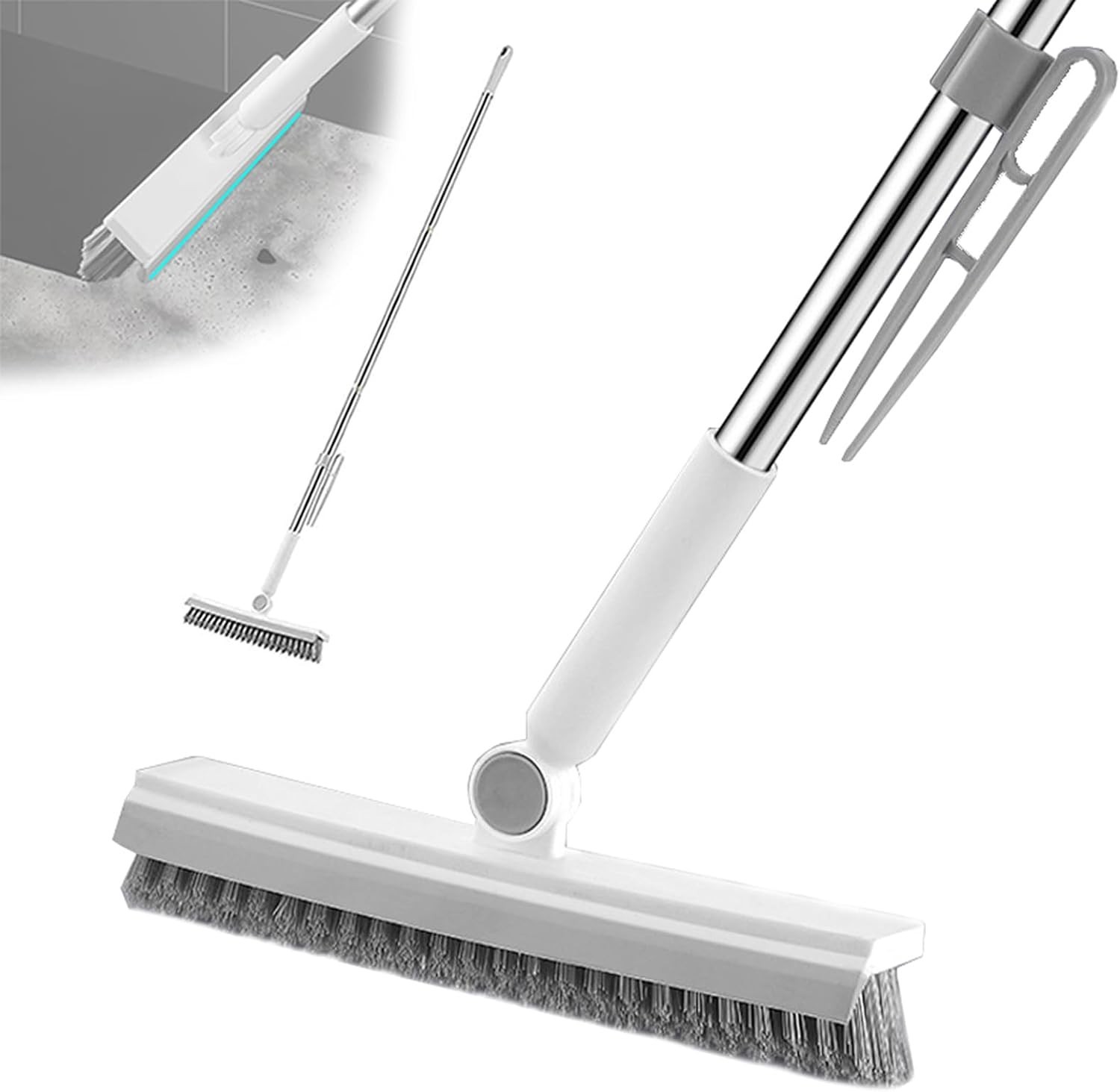 Floor Scrub Brush with Long Handle 3 in 1 Grout Cleaner Squeegee Heavy Duty