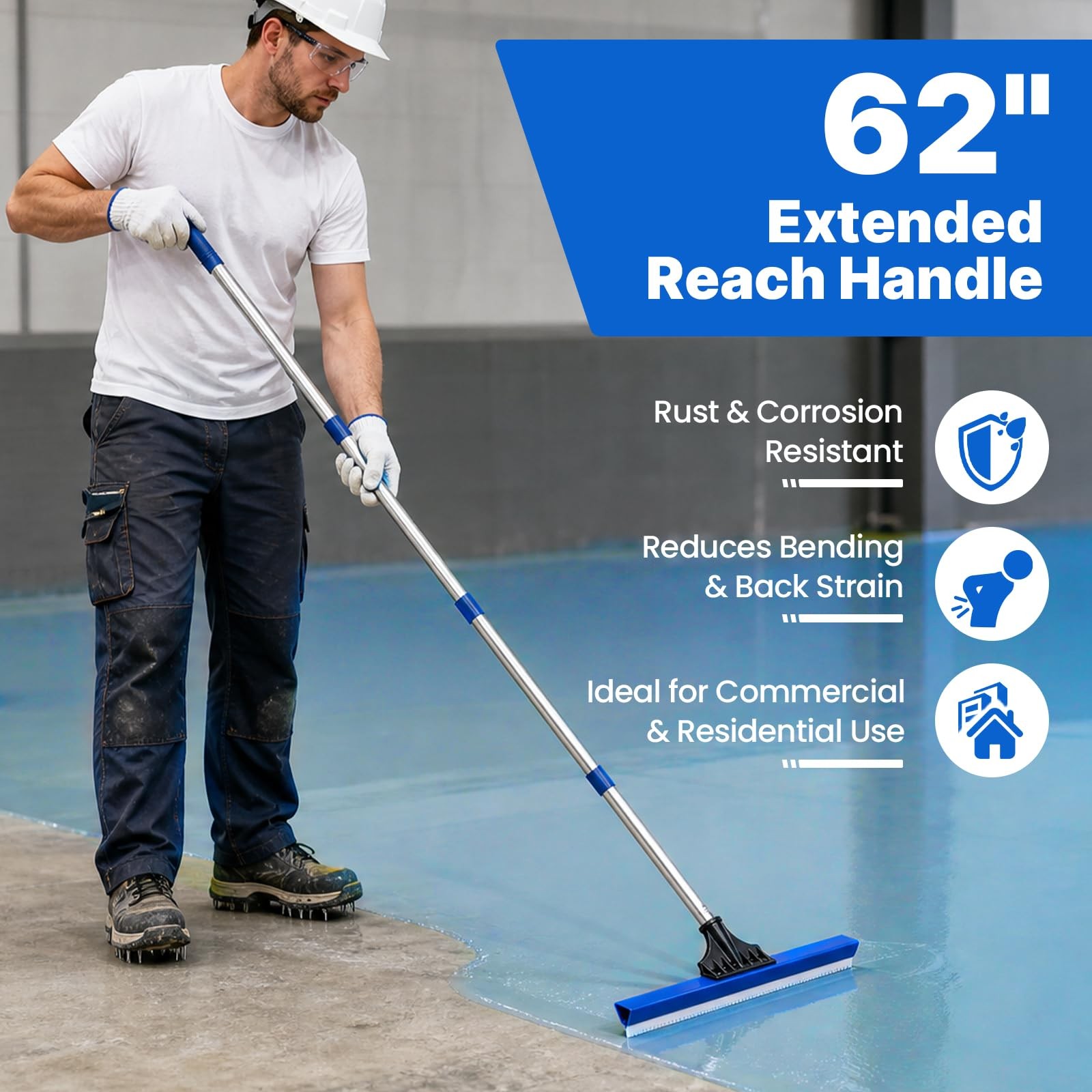 16″ Notched Epoxy Floor Squeegee with 62″ Long Handle for Coatings, Sealers