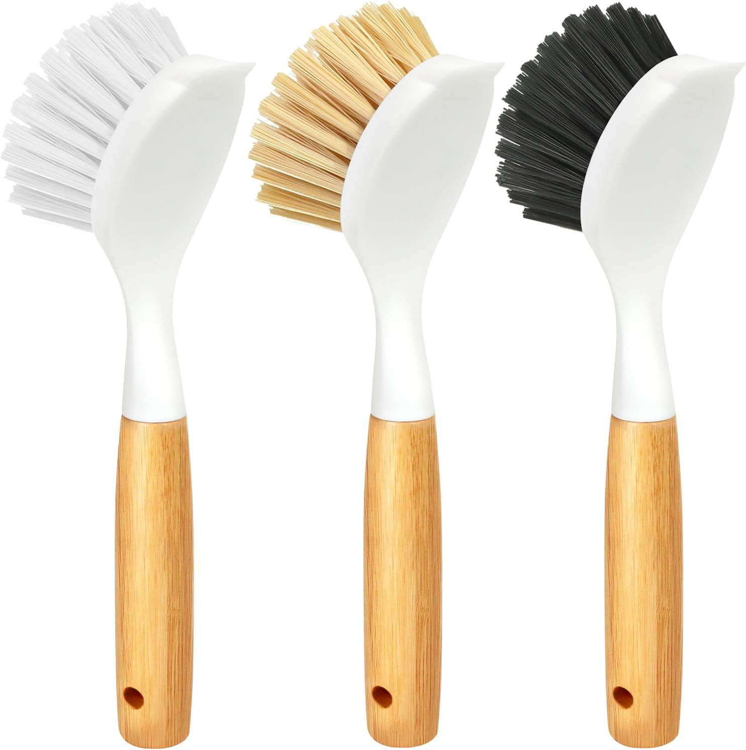 3 Pack Dish Brush Set with Bamboo Handle, Kitchen Brushes for Cleaning Pot, Sink