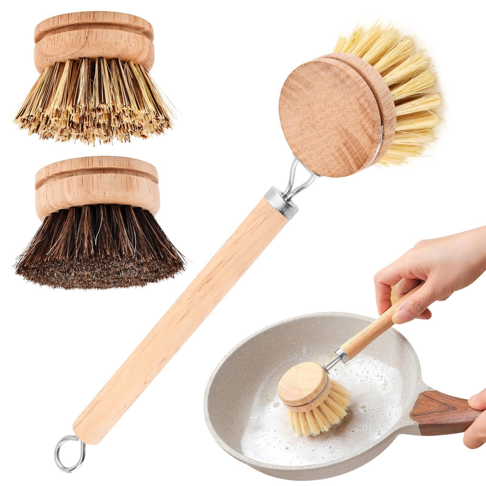 Bamboo Dish Brush with Handle, 3 Natural Bristle Heads (Horsehair, Sisal, Pal…