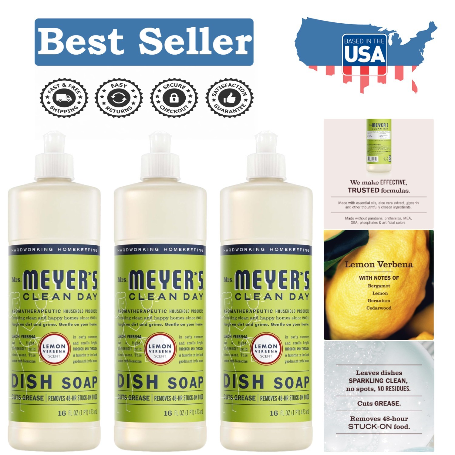 Mrs. Meyer’s Lemon Verbena Dish Soap, 48 fl oz – Eco-Friendly & Grease-Cutting