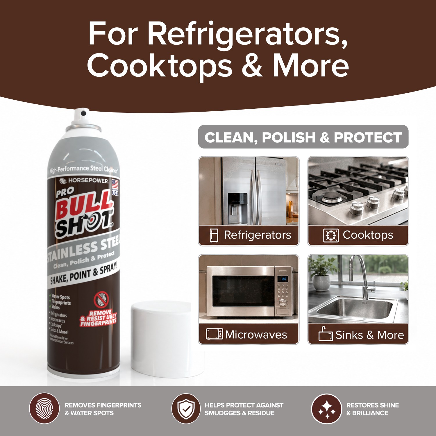 Bull Shot Stainless Steel Cleaner Spray, Cleans & Removes Greasy Fingerprints