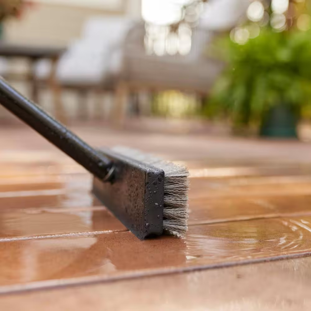 HDX 12 in. Plastic Deck Scrub Brush with 50 in. Steel Handle Stiff Bristles 1Pk