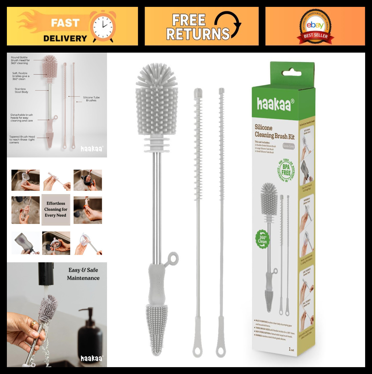 Silicone Cleaning Brush Kit for Bottles & Crevices – Food-Grade, Dishwasher Safe
