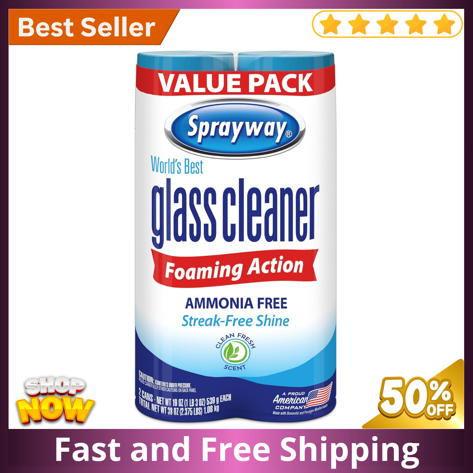Sprayway Foaming Glass Cleaner 2 Pack Ammonia Free Streak Free Shine 19oz Value