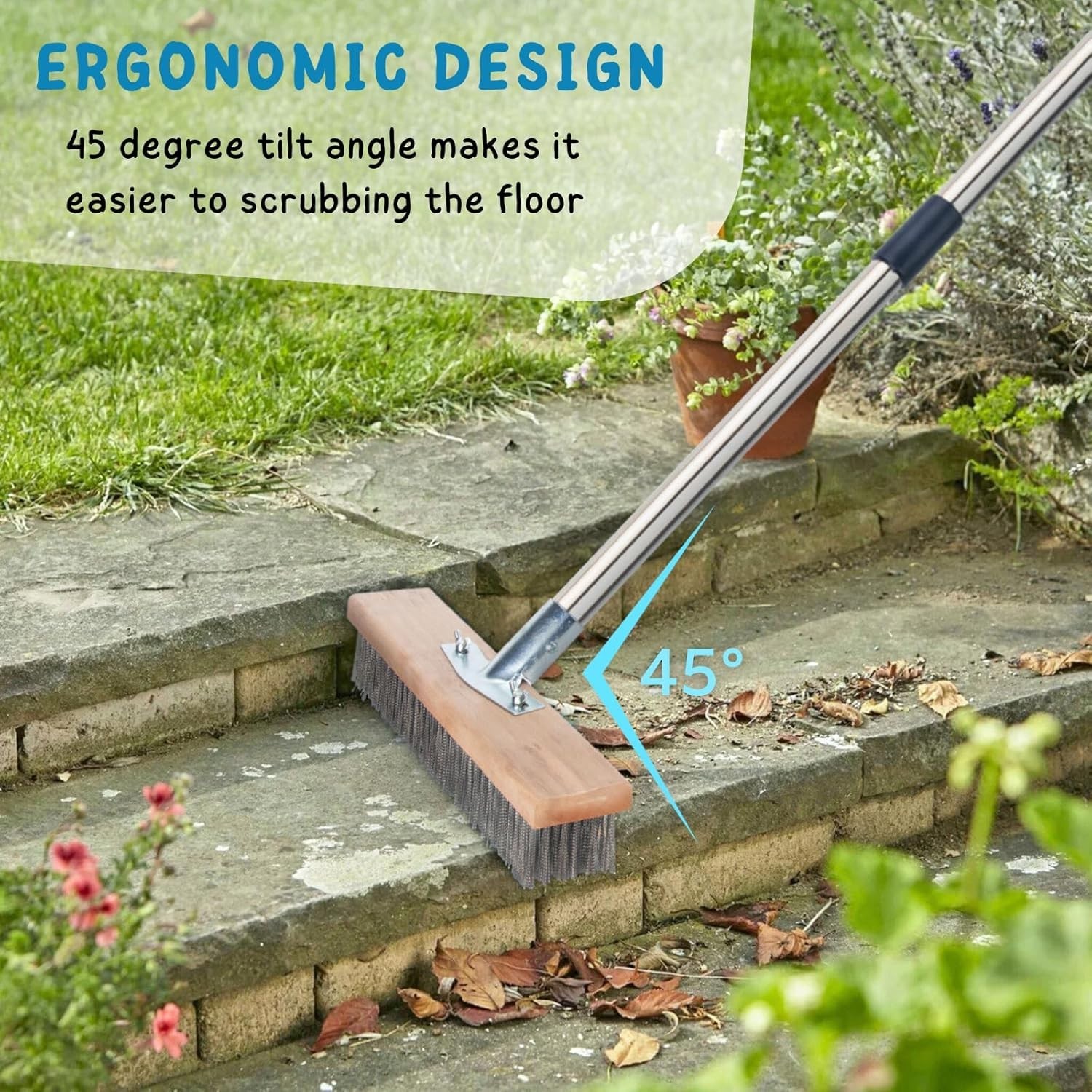 Stainless Steel Wire Scrub Brush with Long Handle for Deck, Concrete, Pati