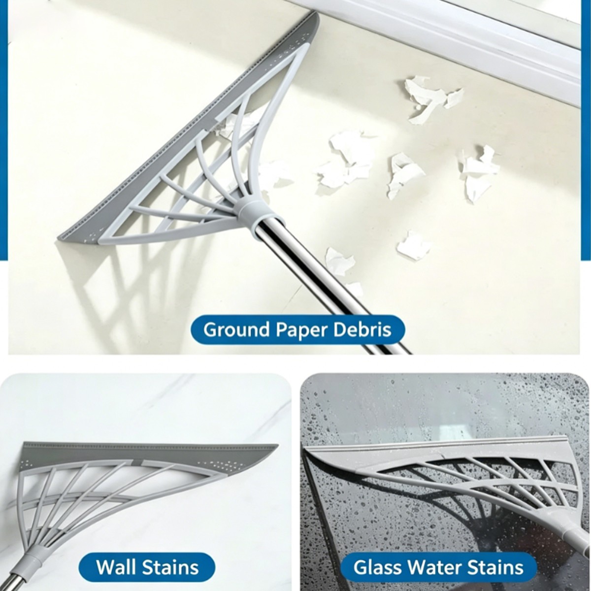 Multifunction Floor Squeegee, Shower Window Water Remover with Long Handle