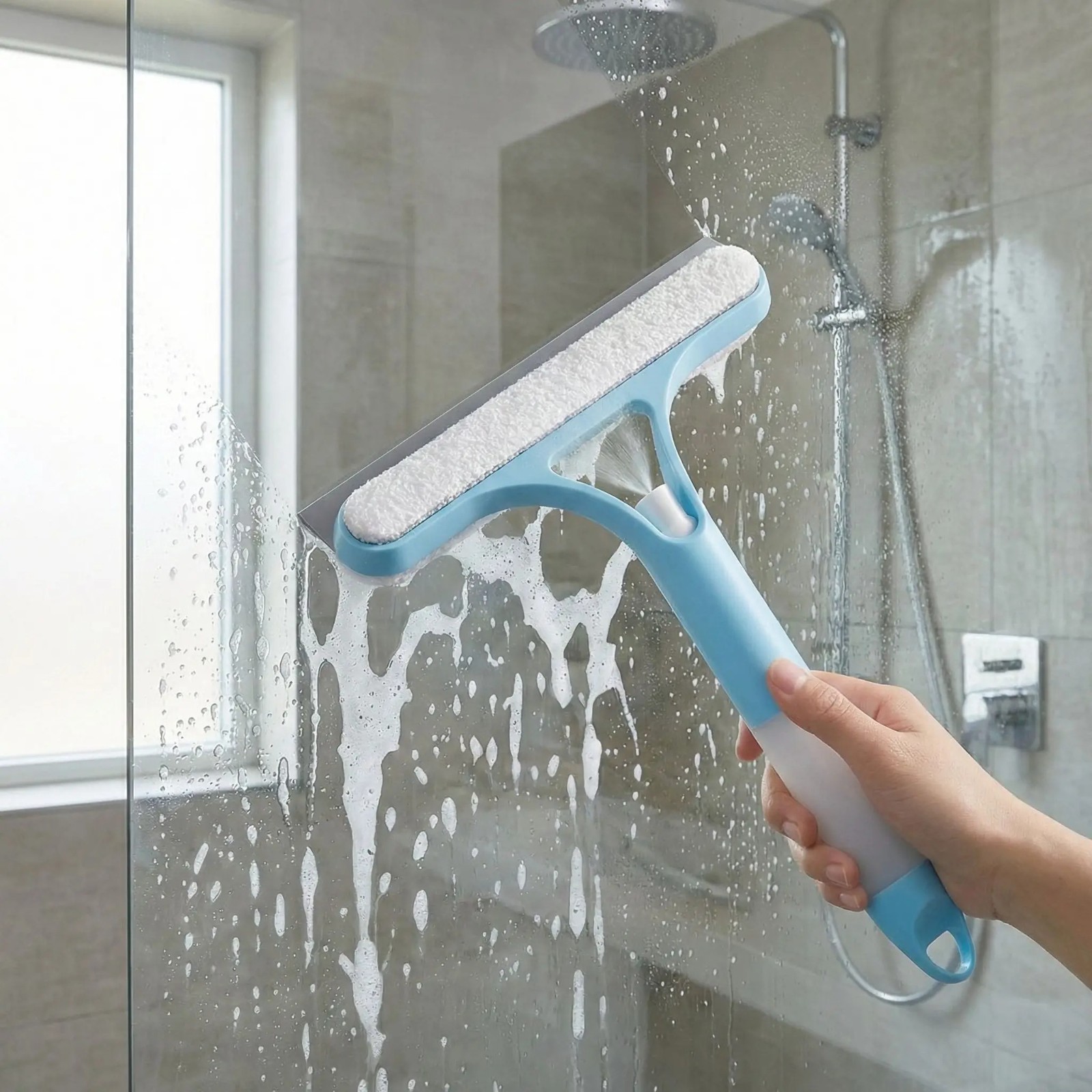 2-in-1 Sprayable Blue Glass Squeegee Microfiber Scrub Pad & Squeegee for car