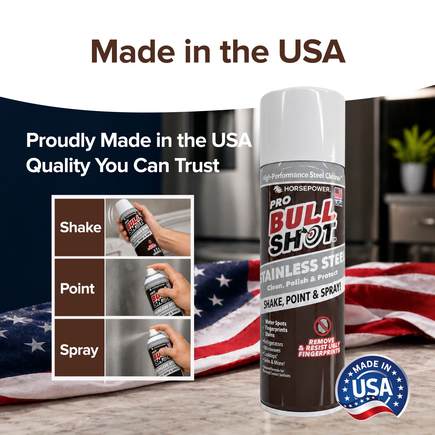Bull Shot Stainless Steel Cleaner Spray, Cleans & Removes Greasy Fingerprints