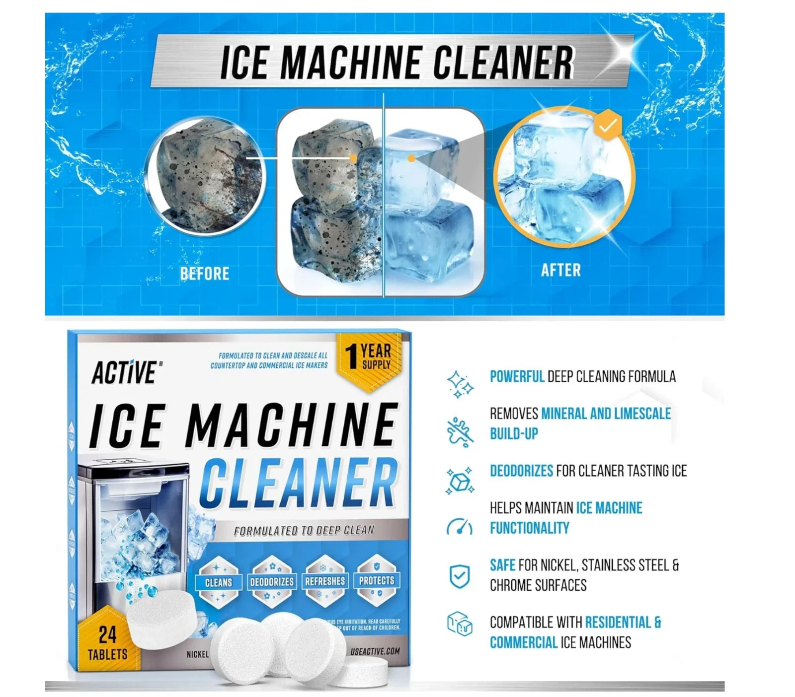 Active – ICE Machine Cleaner – 24 Pack – 12 Month Supply – SEALED