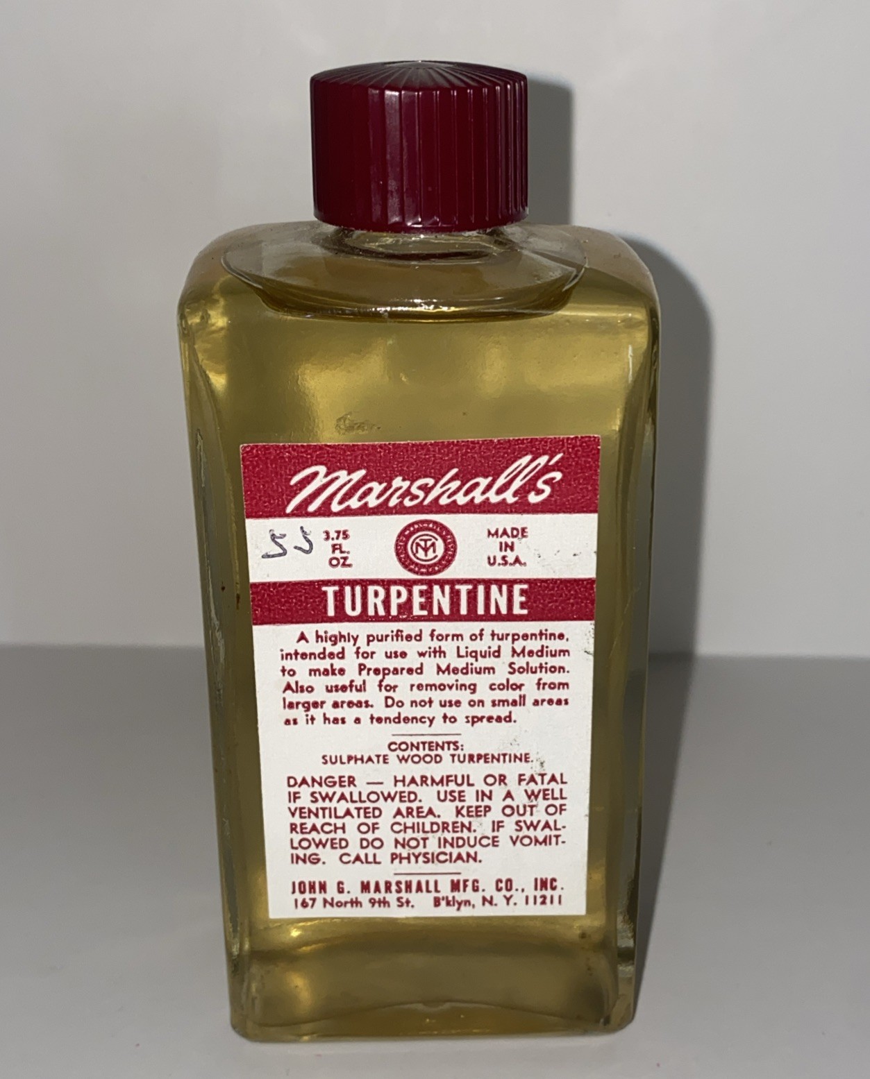 Vintage Marshall’s Turpentine Full Bottle 3.75 Fl Oz Art Paint Brush Cleaning