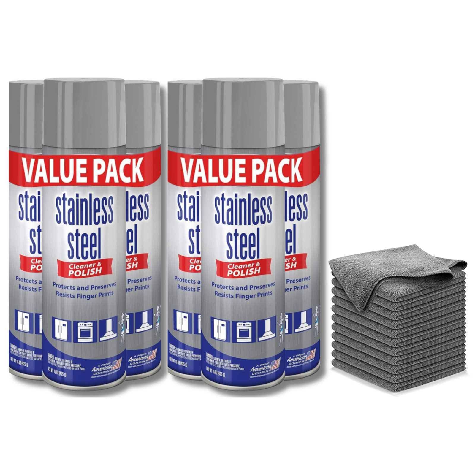 6 Pack Sprayway Stainless Steel Cleaner 15oz Foam + 10 Grey Microfiber Clothes