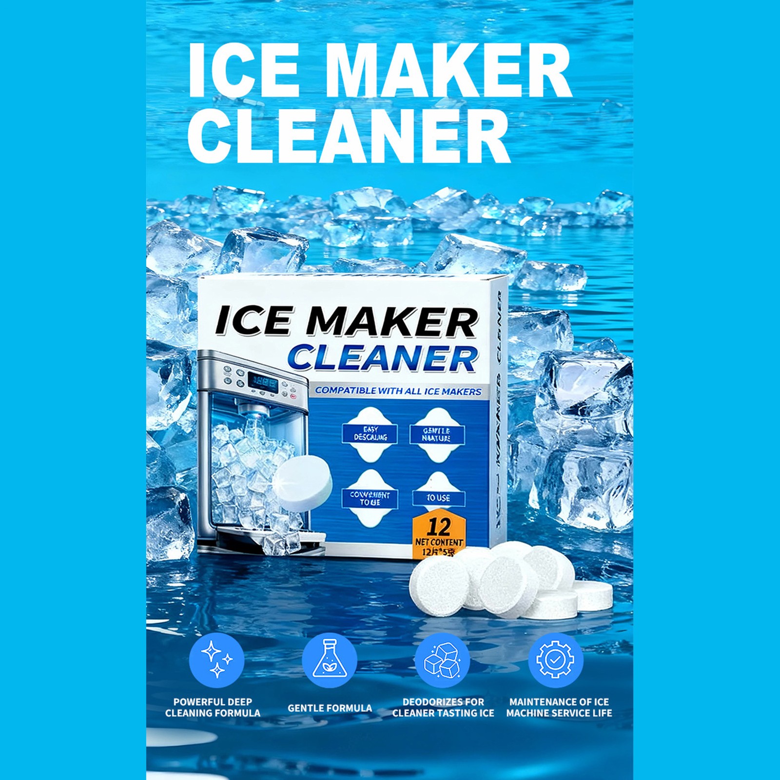 Ice Machine Cleaner Maker Descaler 12 Pieces ACTIVE Clean Deodorizing Tablets/