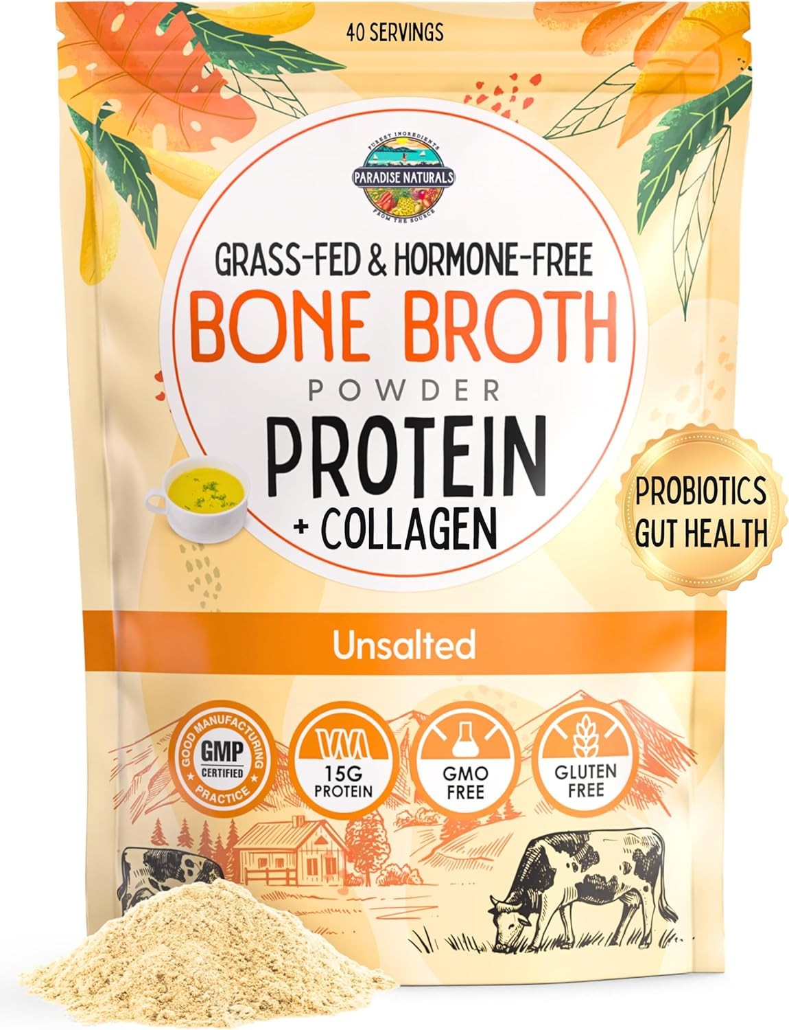 Paradise Naturals 100% Grass-Fed Natural Beef Bone Broth Powder + Active Probi