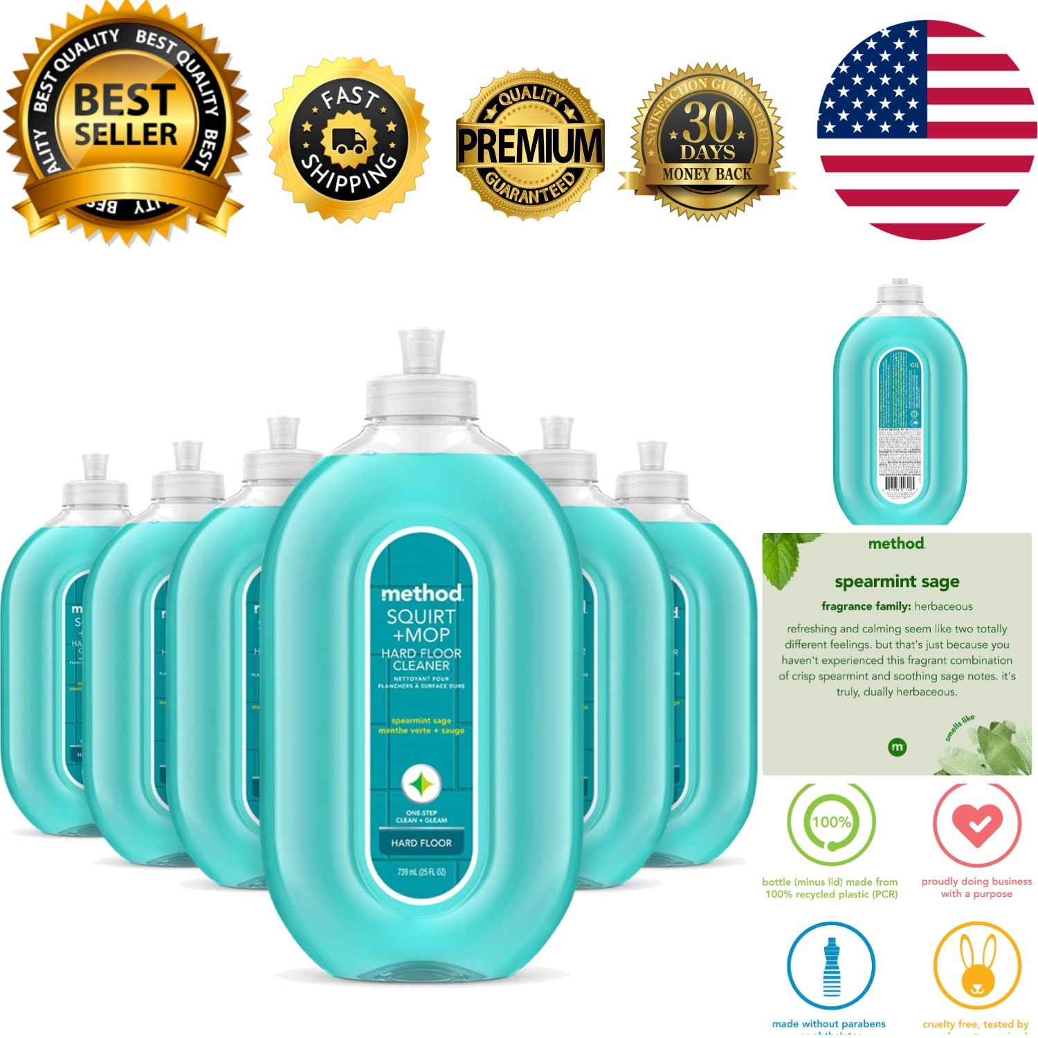 Cruelty-Free Spearmint Sage Cleaner for Hardwood & Tile Floors, 25oz, 6 Bottles