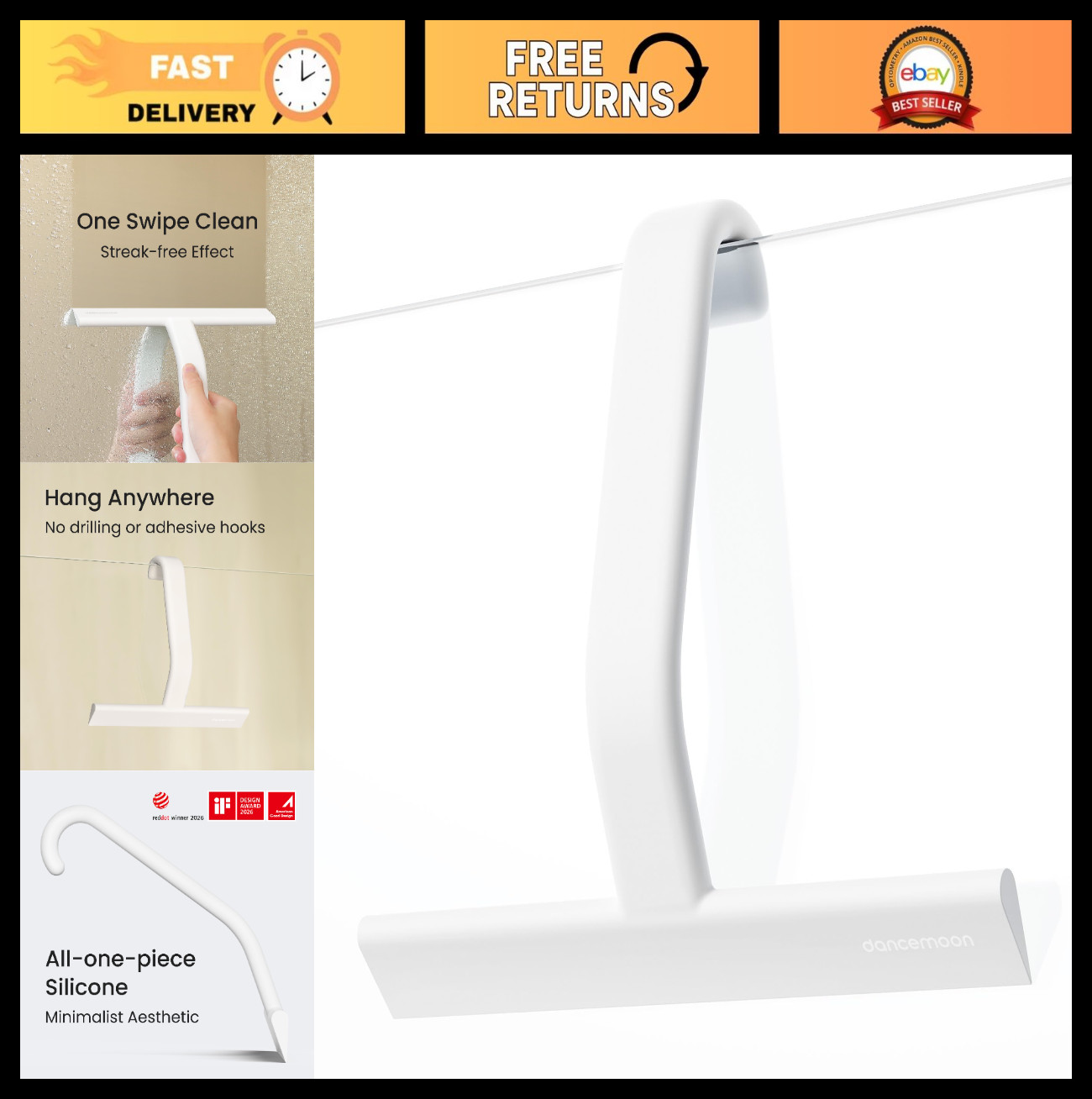 10-Inch Silicone Shower Squeegee with Hook – Streak-Free Cleaner for Glass, Mirr