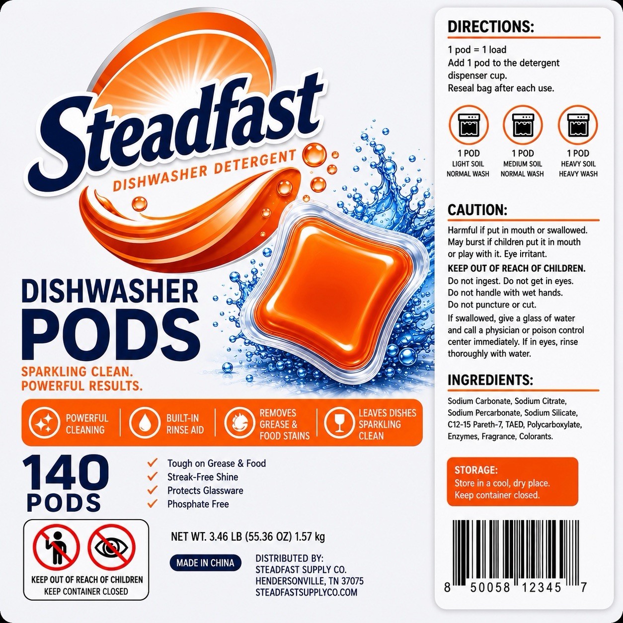Steadfast Dishwasher Pods 140 Count Orange Formula Powerful Grease Cleaner