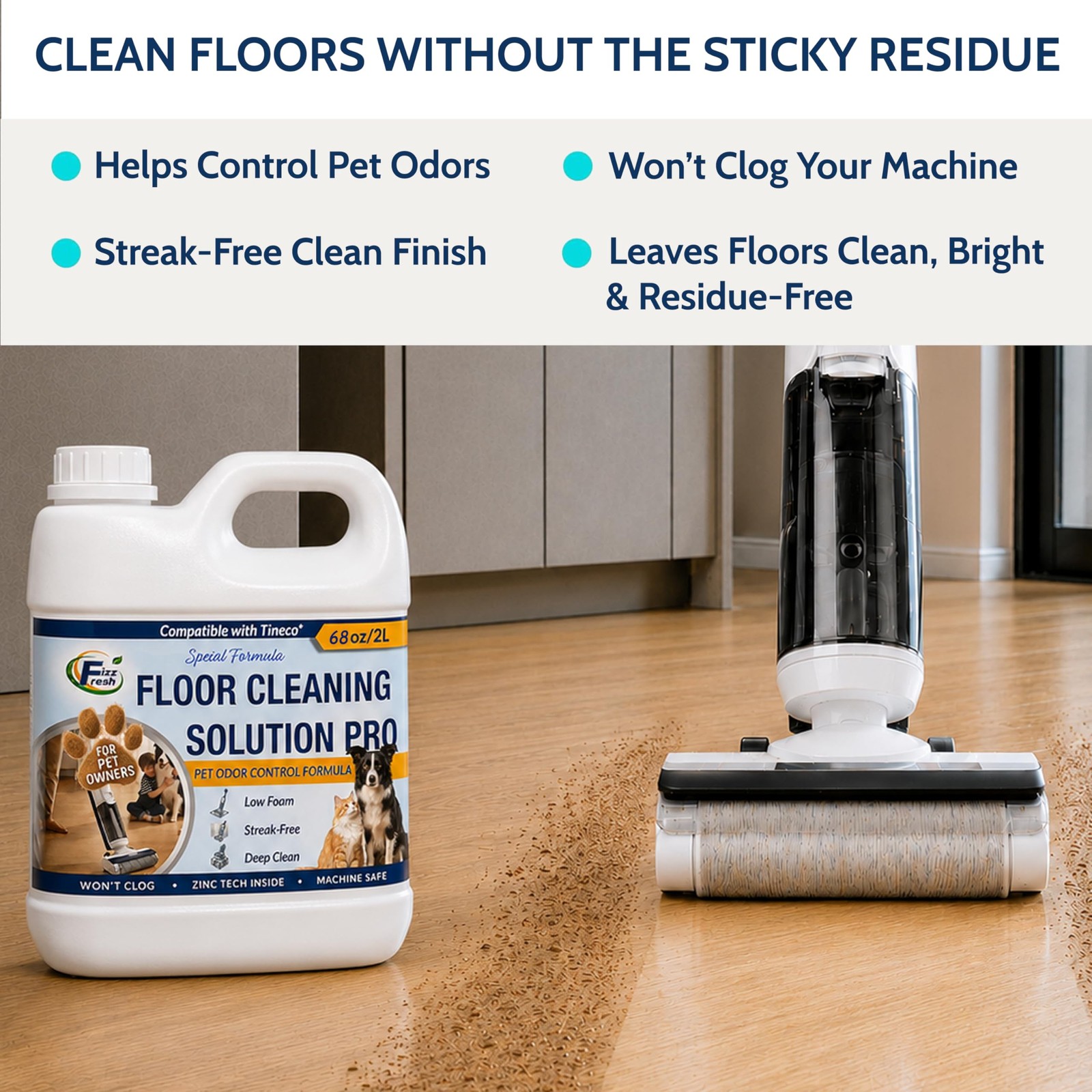 Floor Cleaning Solution Refill with Tineco, 68 fl oz Unscented, Pet Urine Odo…