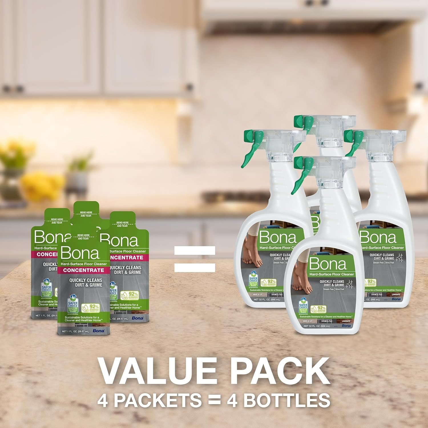 Bona Multi-Surface Floor Cleaner Concentrate – 1 Fl Oz – 4-Pack – Residue-Free F