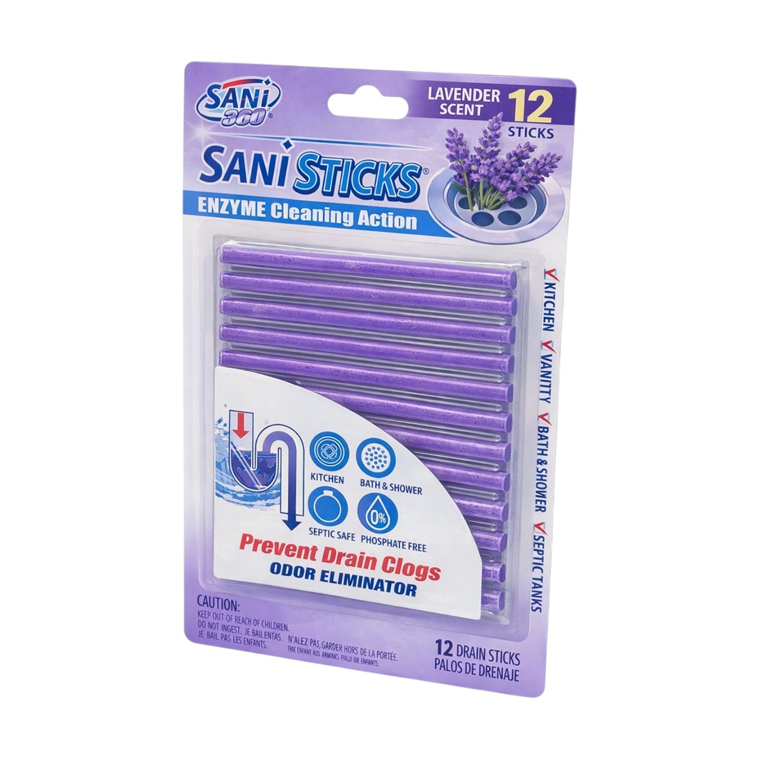 SANI 360° Sani Sticks Drain Cleaner and Deodorizer, Lavender Scent, 12 Count