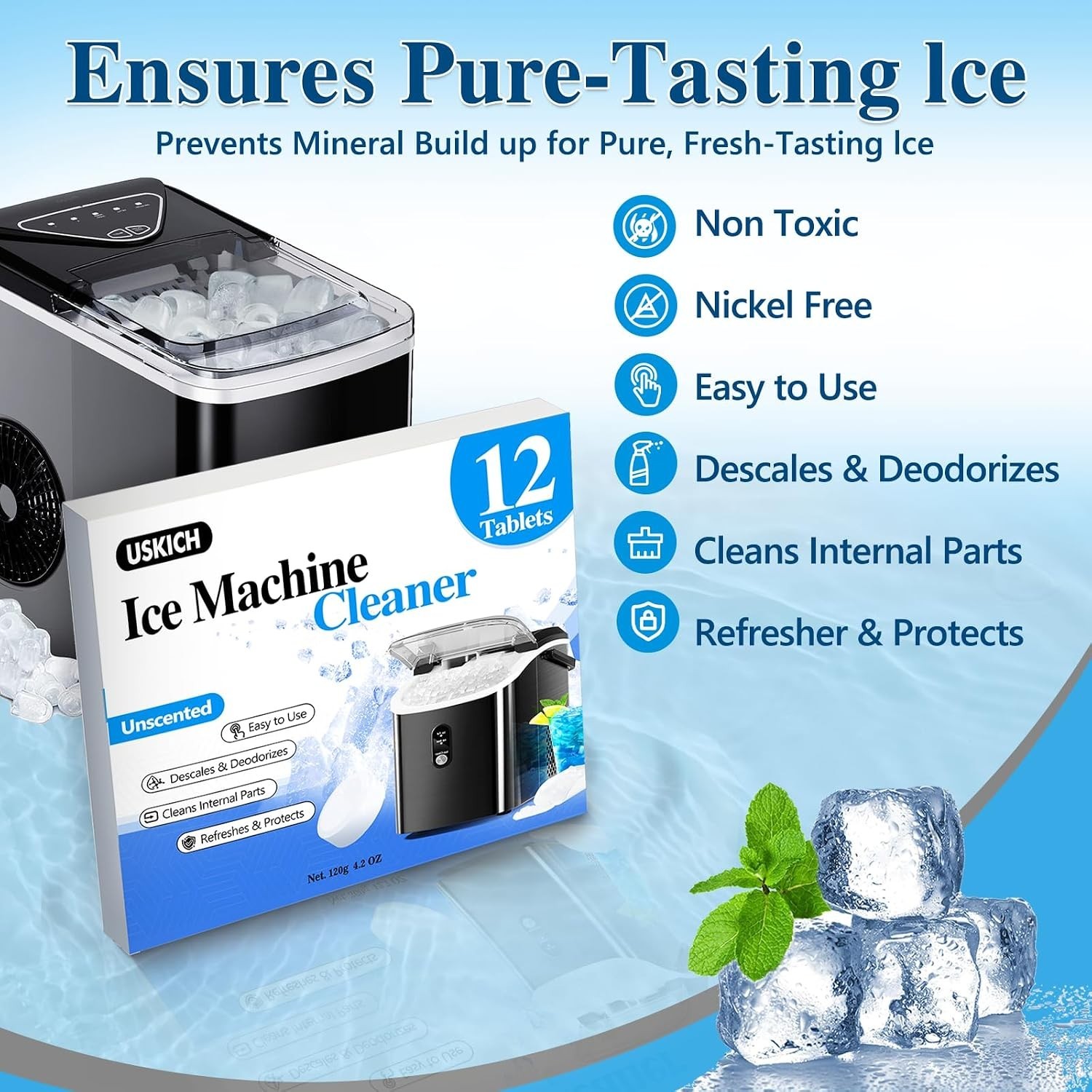 Food Grade Ice Machine Cleaner Tablets – Nickel Safe 12 Count for All Ice Makers