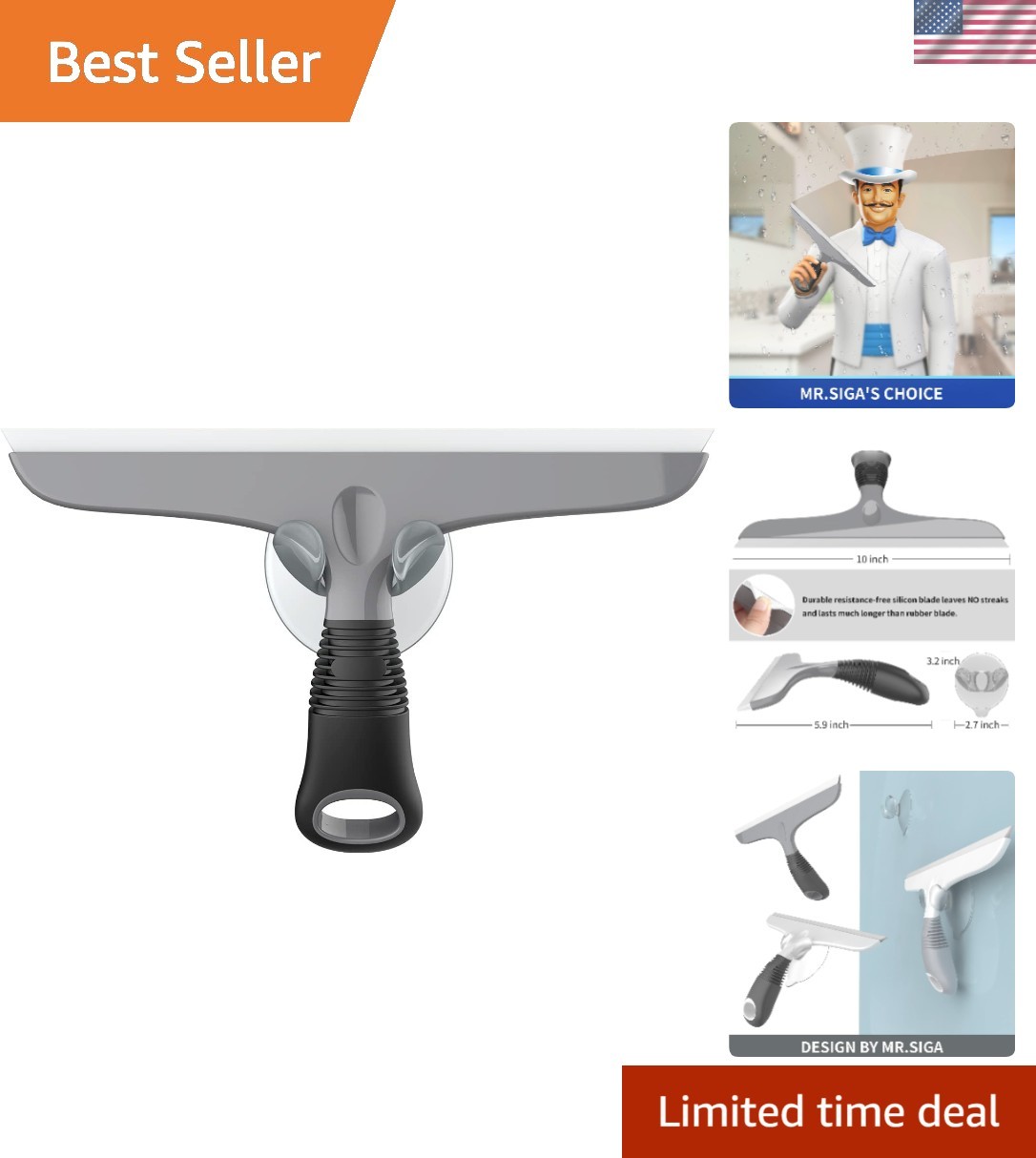 Heavy Duty 10-Inch Silicone Squeegee with Suction Hook in Modern Gray & Black