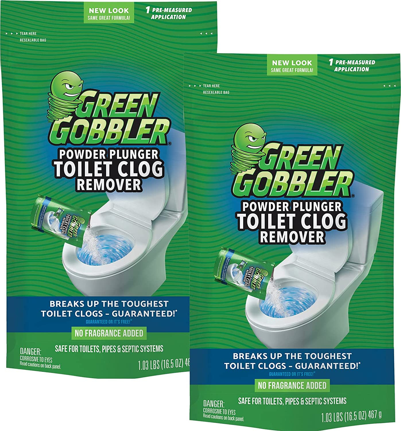 Green Gobbler POWDER PLUNGER Toilet Bowl Clog Remover – 2 Pack Net WT 16.5 Oz
