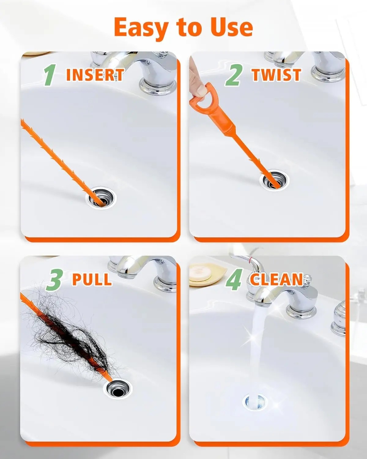 4pc Hair Drain Clog Remover Sink Shower Tub Snake Cleaner Tool 20″ 25″ Unclogger