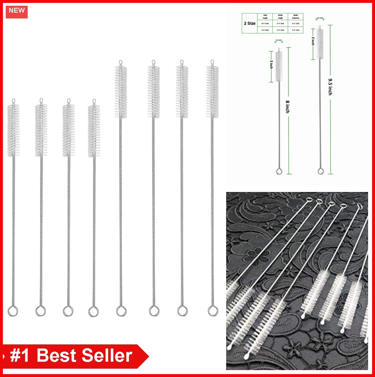 Straw Cleaner Brush Set 8 Pieces 14 Inch and 12 Inch Nylon Bristles Stainless