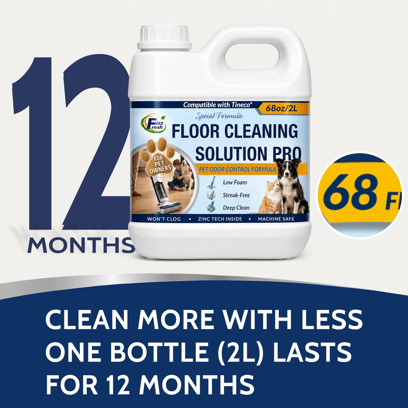 Floor Cleaning Solution Refill with Tineco, 68 fl oz Unscented, Pet Urine Odo…