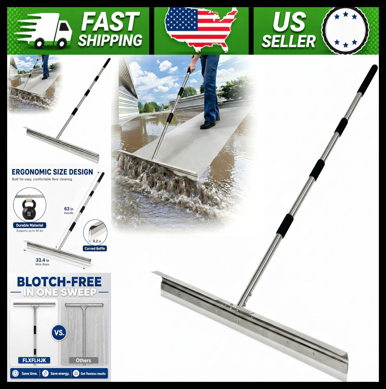 Heavy Duty Floor Squeegee 33.4in Wide Silicone Blade Stainless Steel