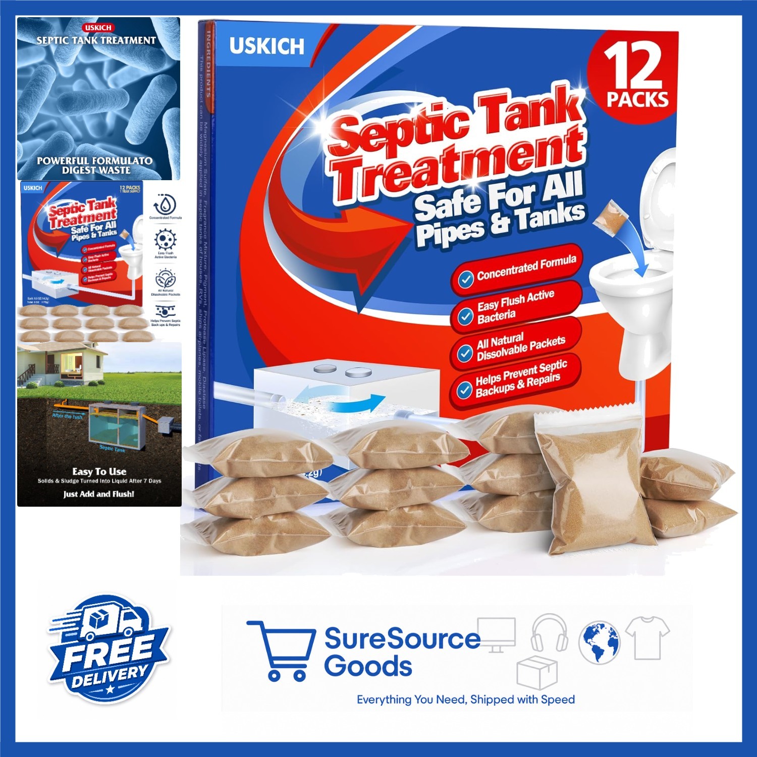 Septic Treatment Packets 12 Count for Clog Removal and Odor Elimination