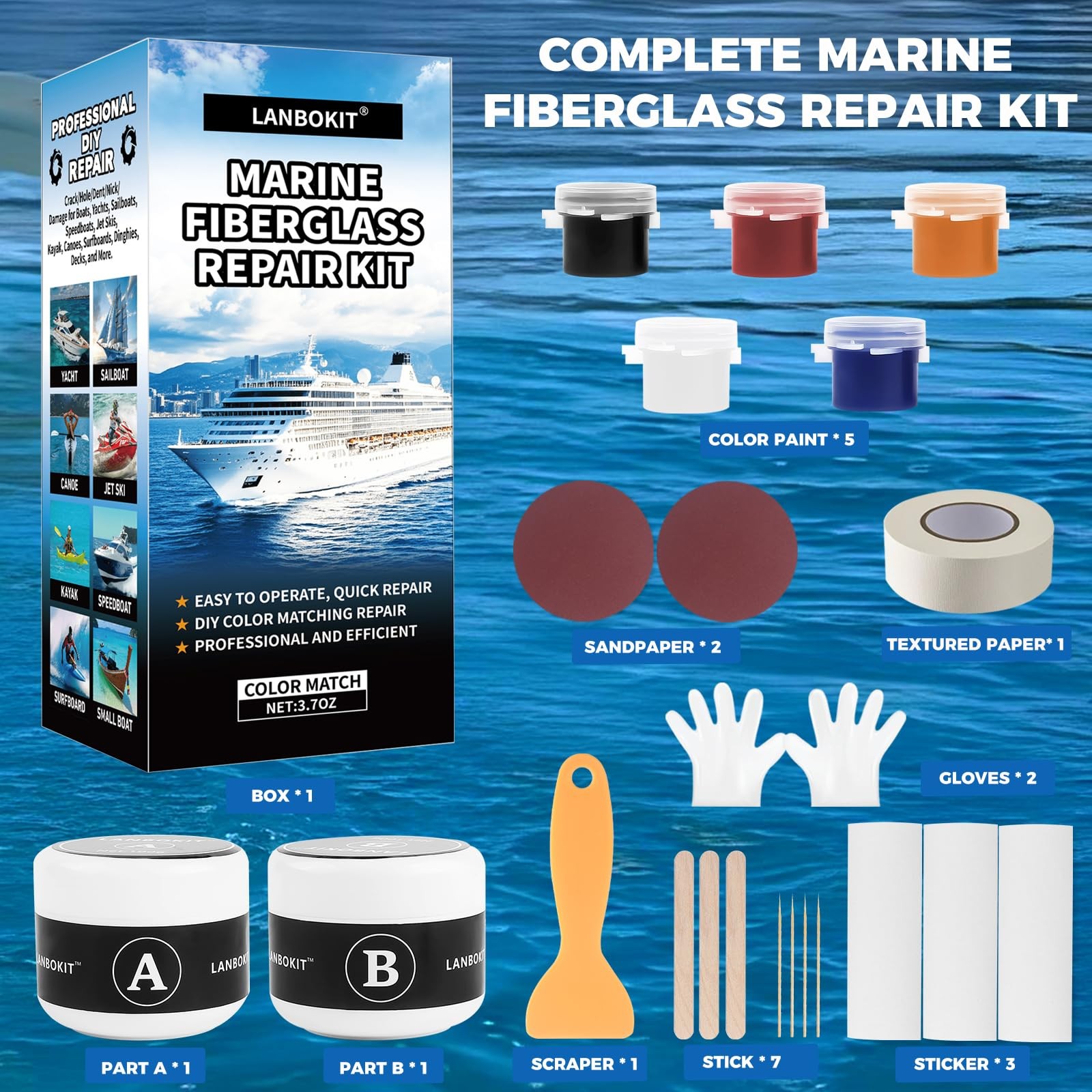 Marine Fiberglass Repair Kit for Boats, Gel Coat Repair Kit for Boats, Epoxy …