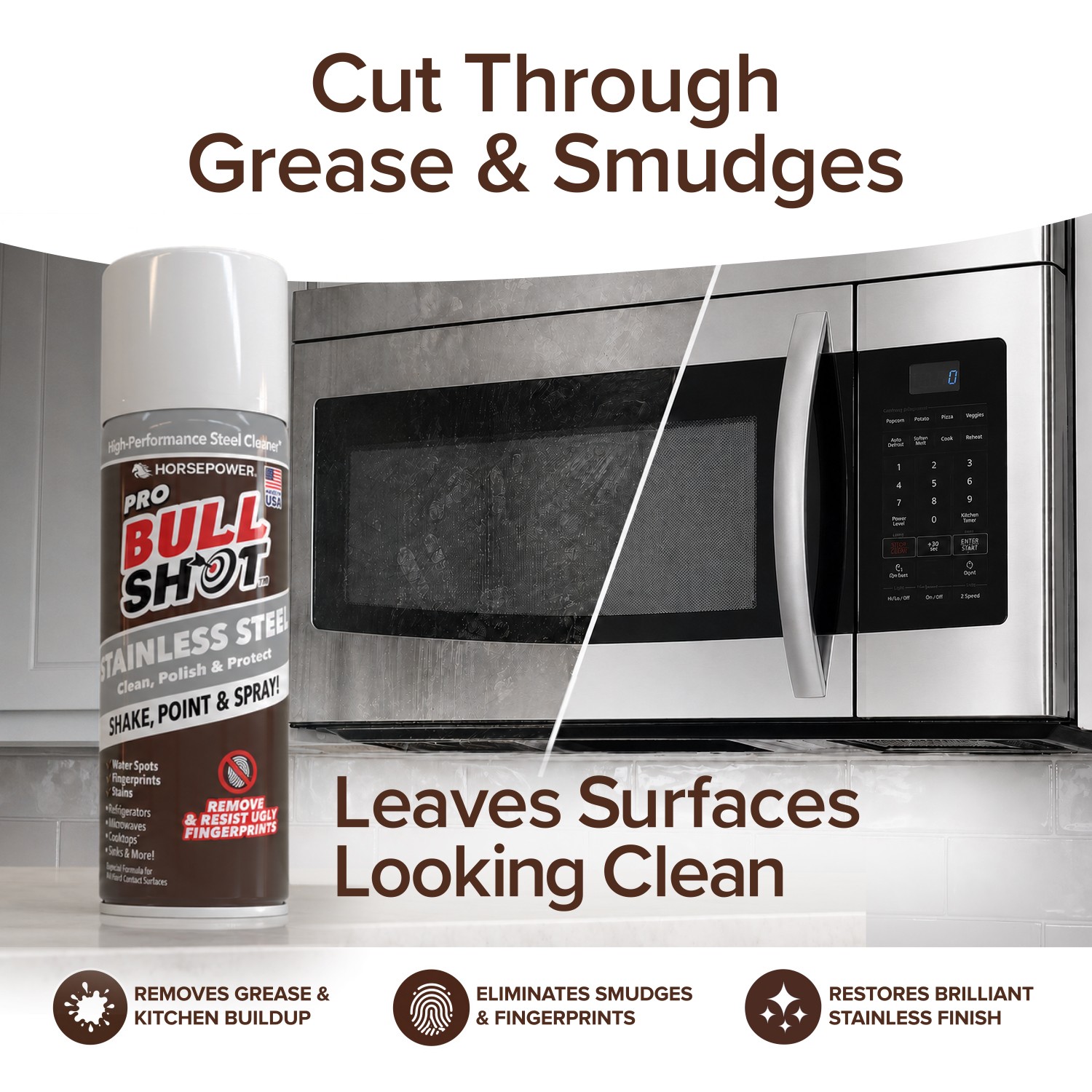 Bull Shot Stainless Steel Cleaner Spray, Cleans & Removes Greasy Fingerprints