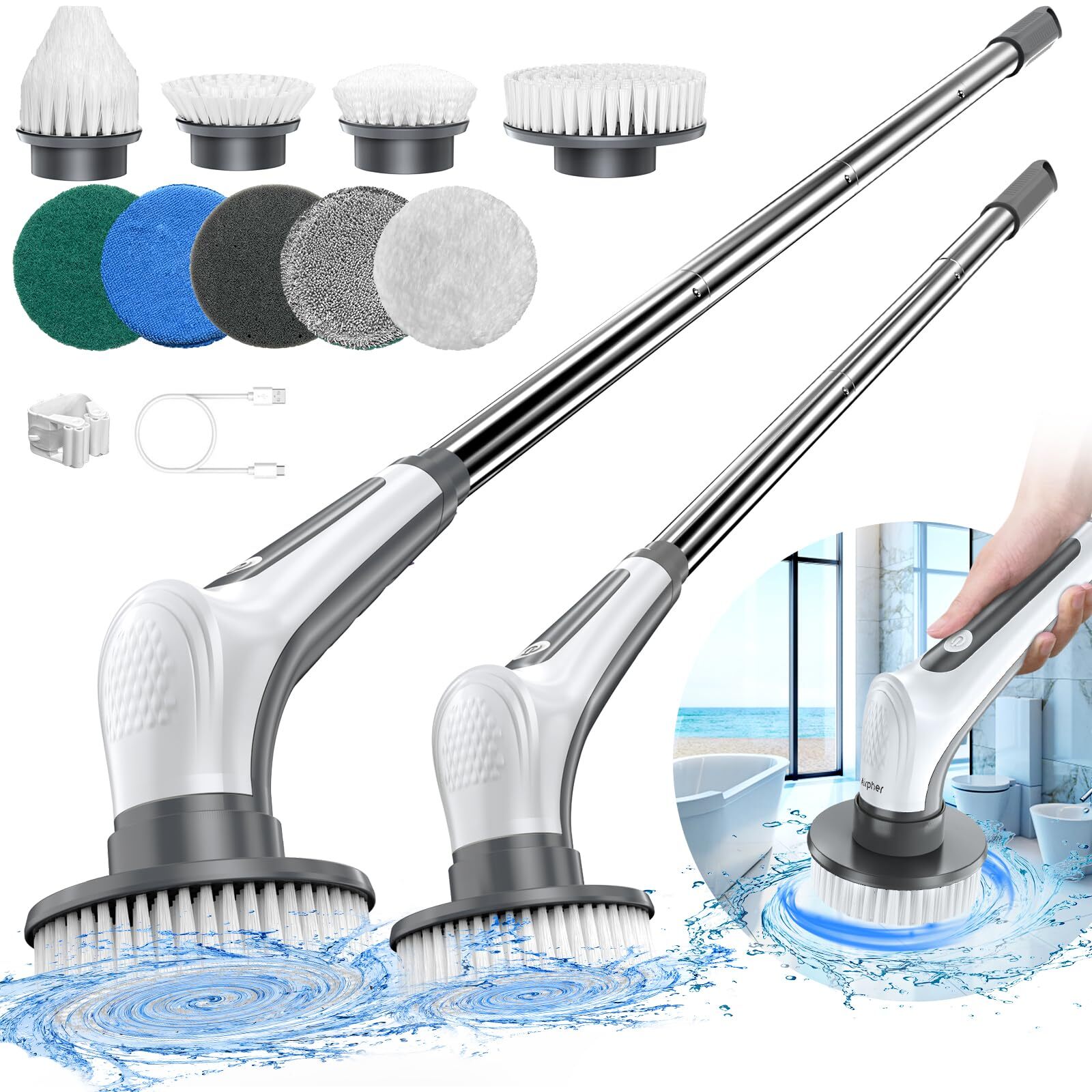 Electric Spin Scrubber 10 In 1 Cordless Cleaning Brush Ipx8 With 9 Replaceable B