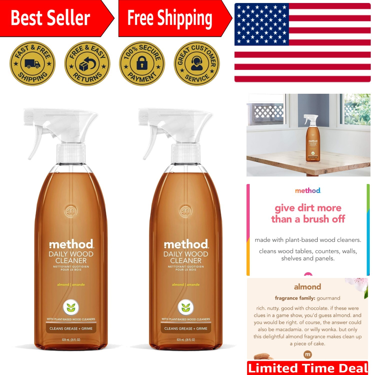Eco-Friendly Daily Wood Cleaner – Plant-Based Almond Spray, 28 fl oz (Pack of 2)